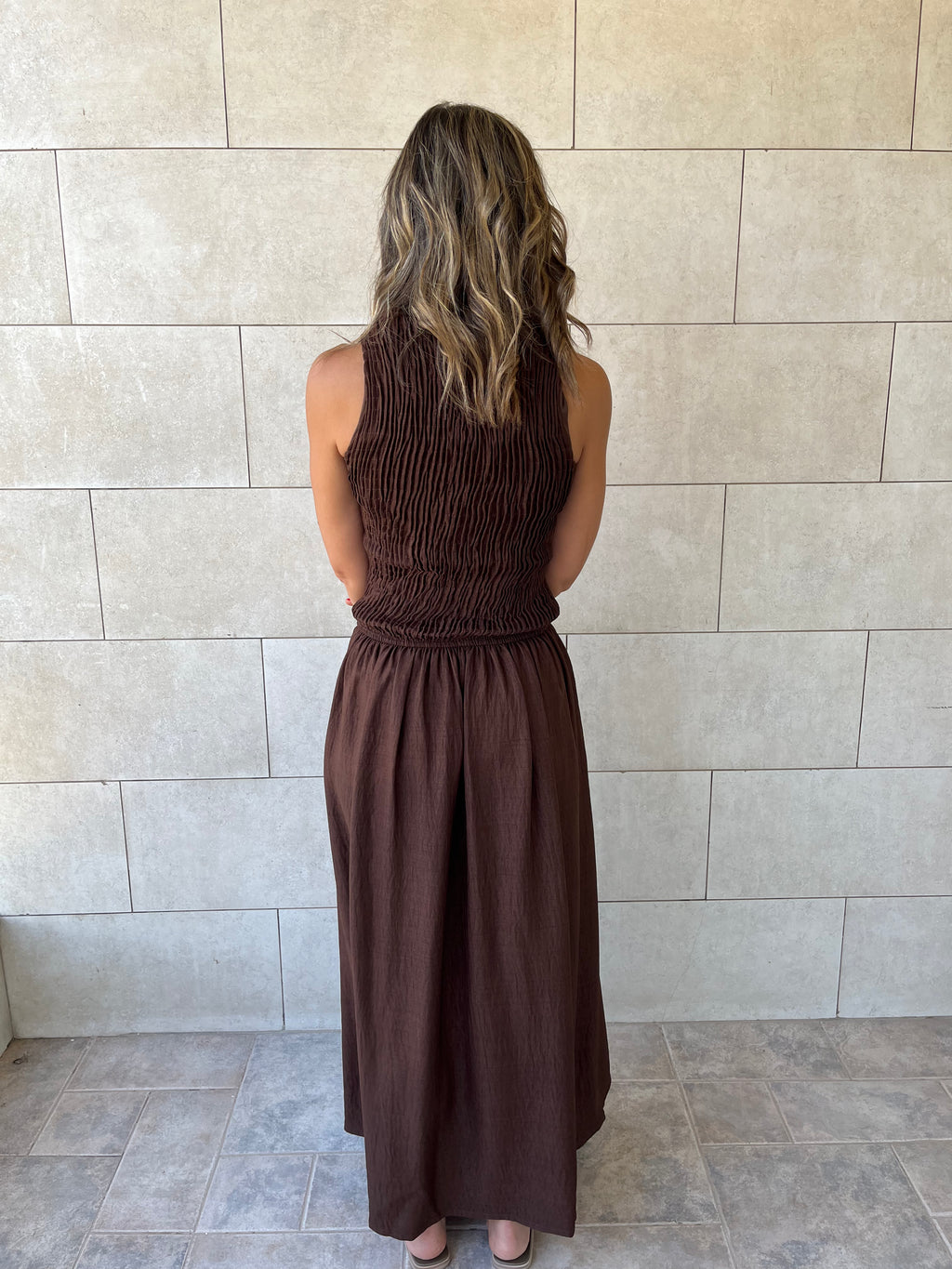 Chocolate Brown Crinkle Sleeveless  Dress
