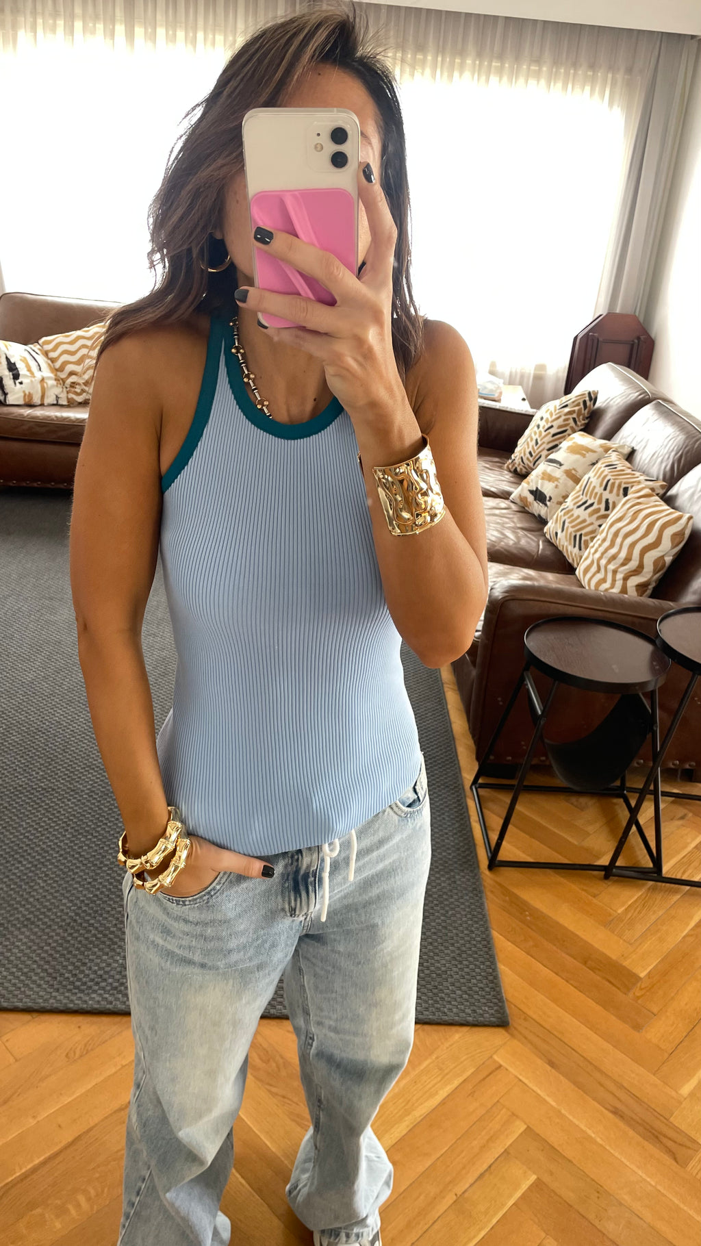 Baby Blue 101 interknit Colorblock Top