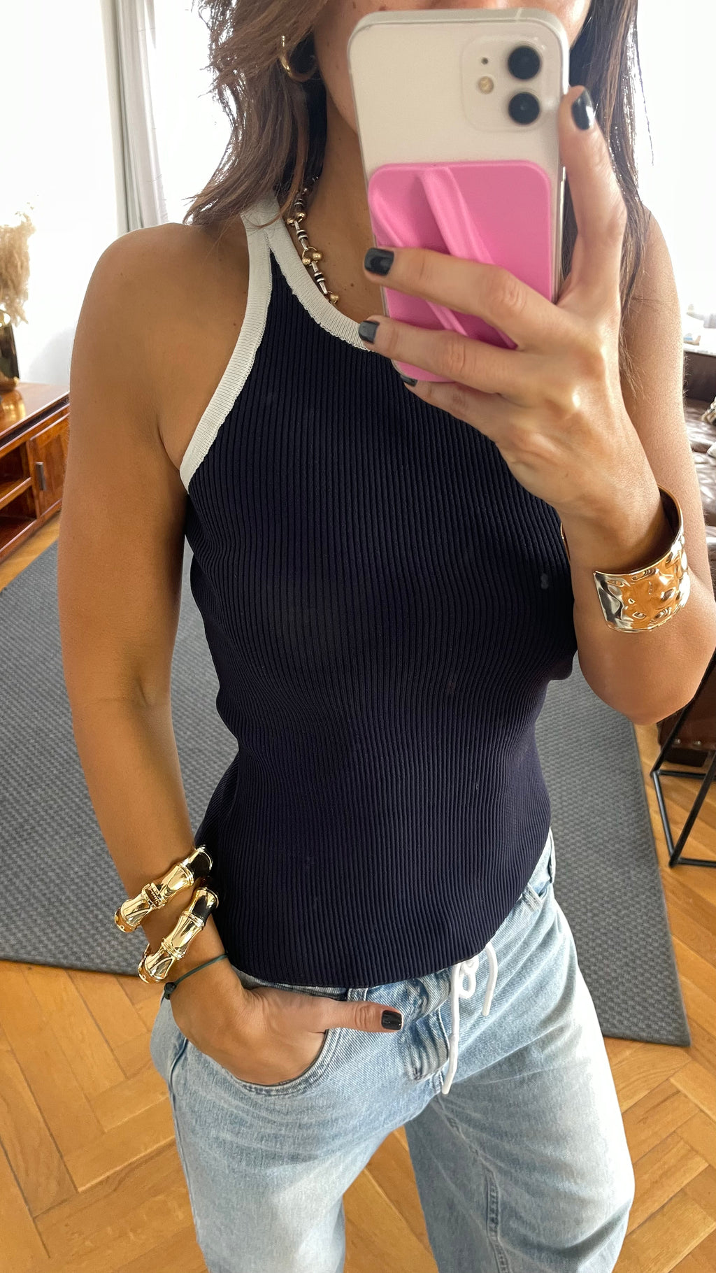 Navy 101 interknit Colorblock Top