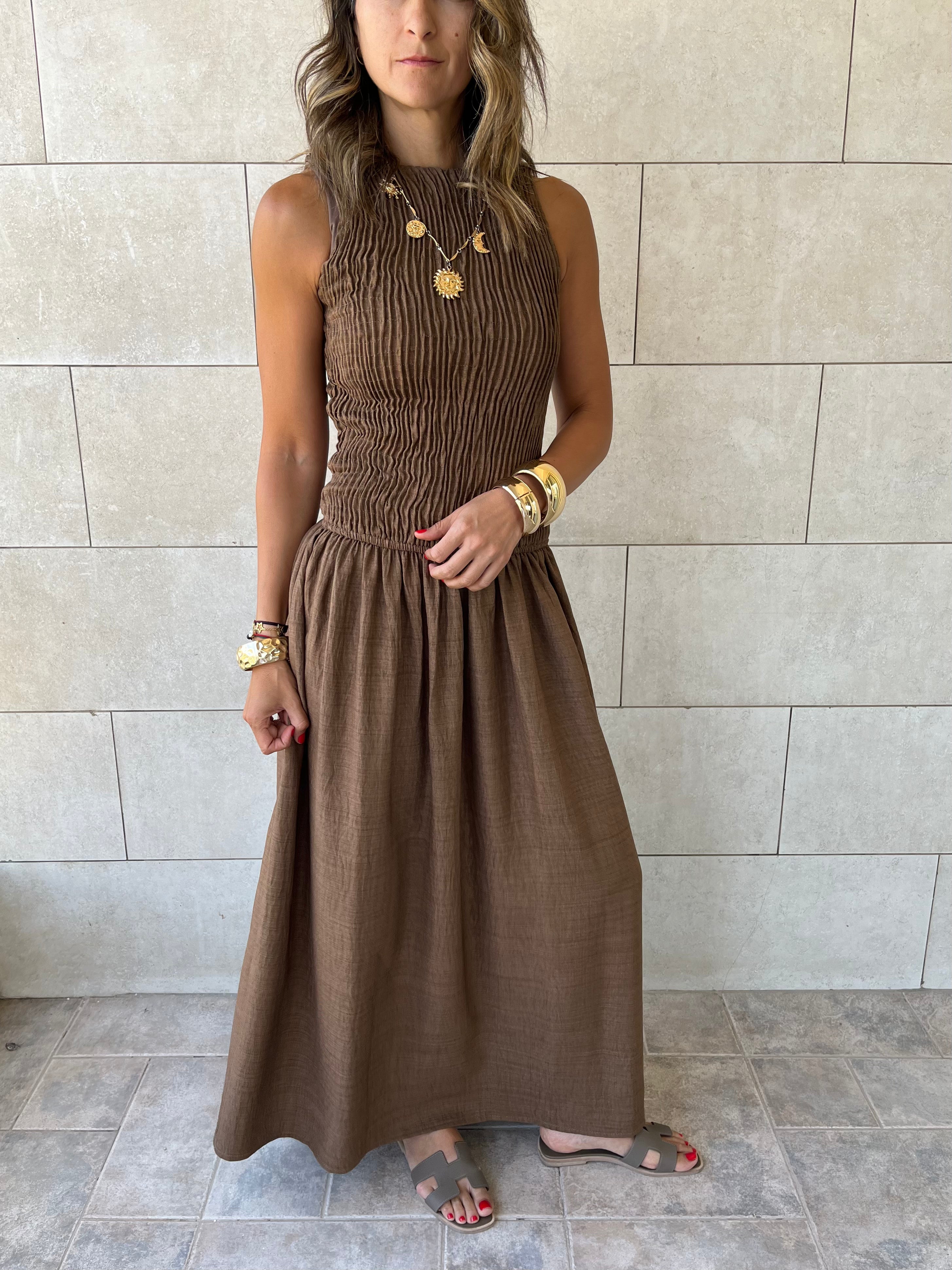 Rust Crinkle Sleeveless  Dress