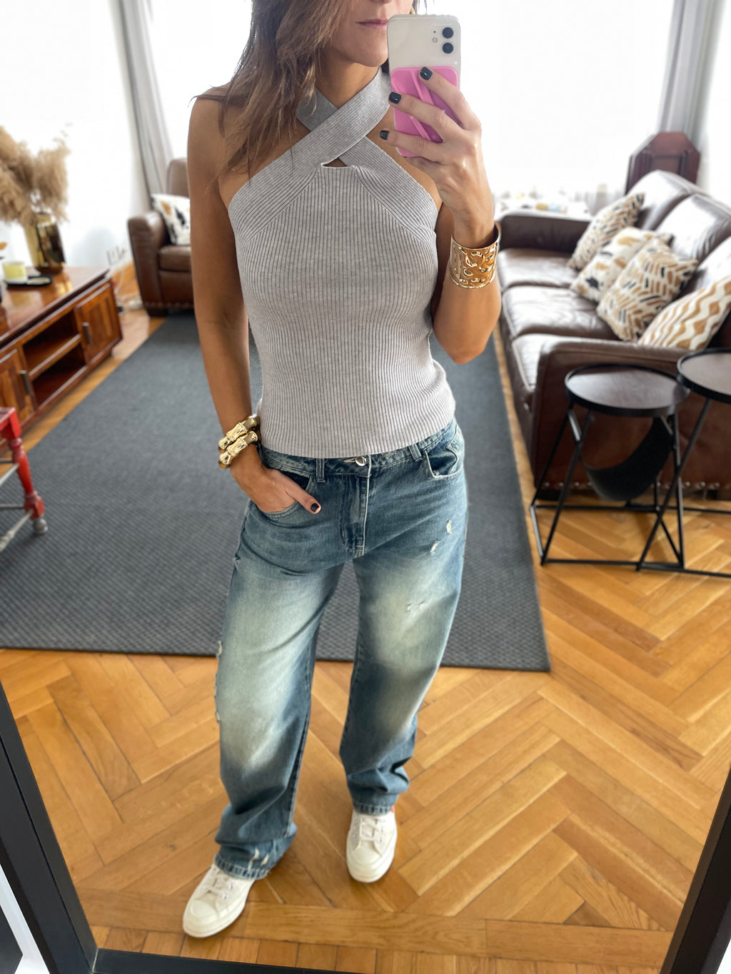 Grey Criss Cross Tank Top