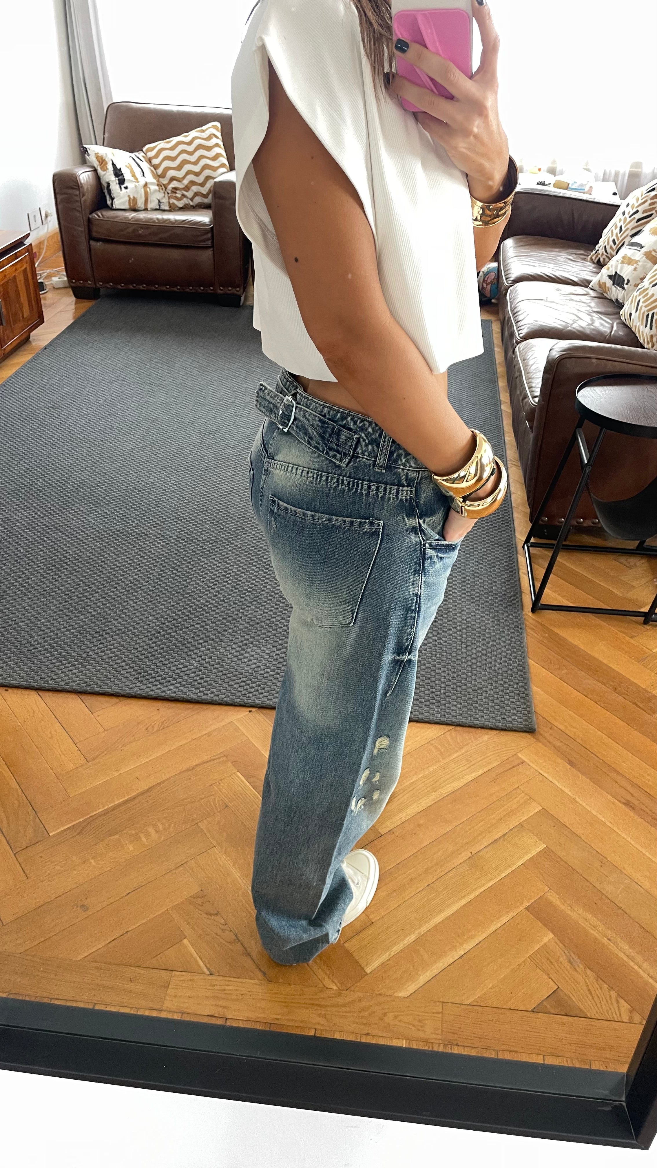 Distressed Cargo Waist Jeans
