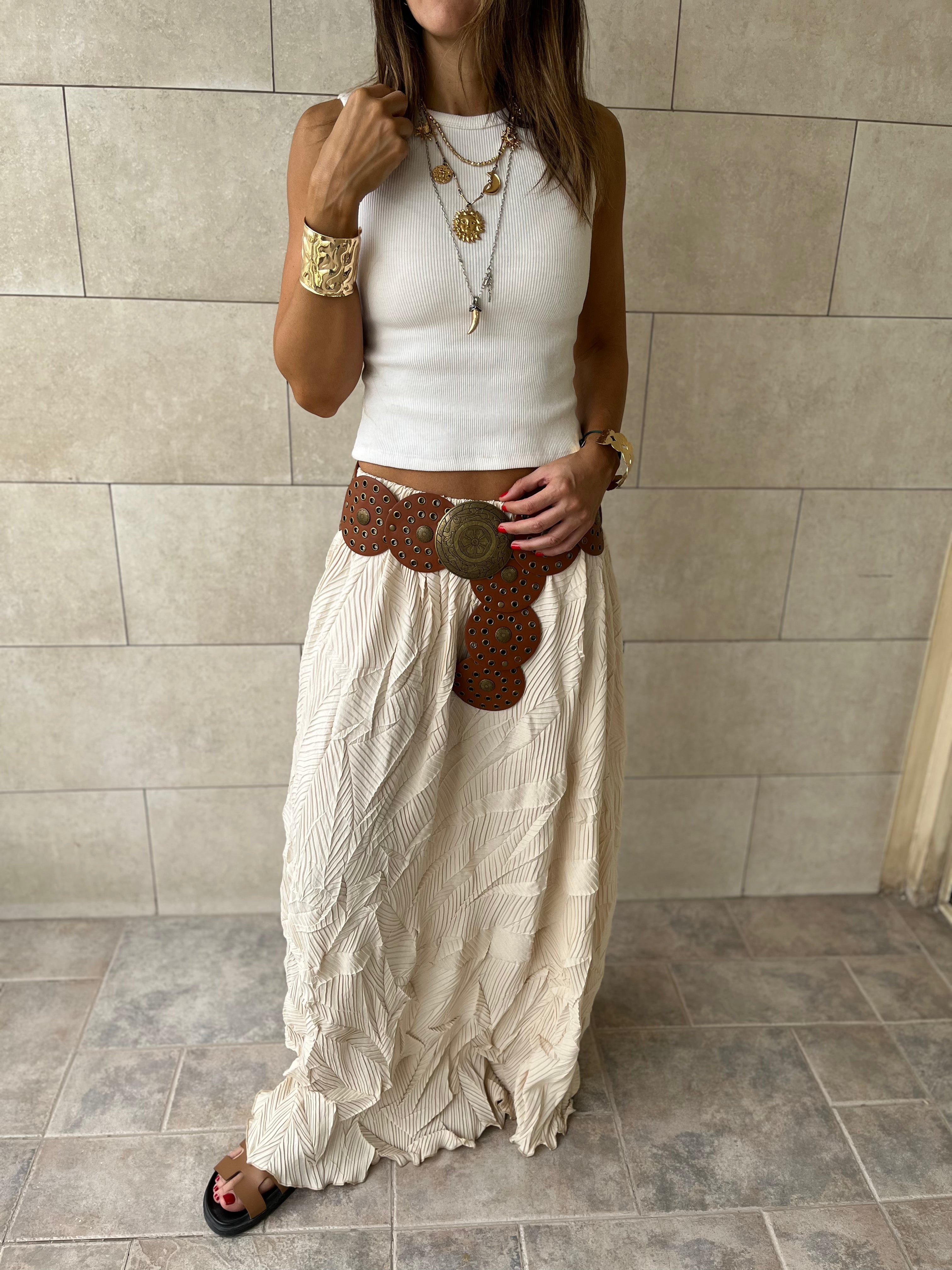 Beige Crinkled Bohemian Skirt