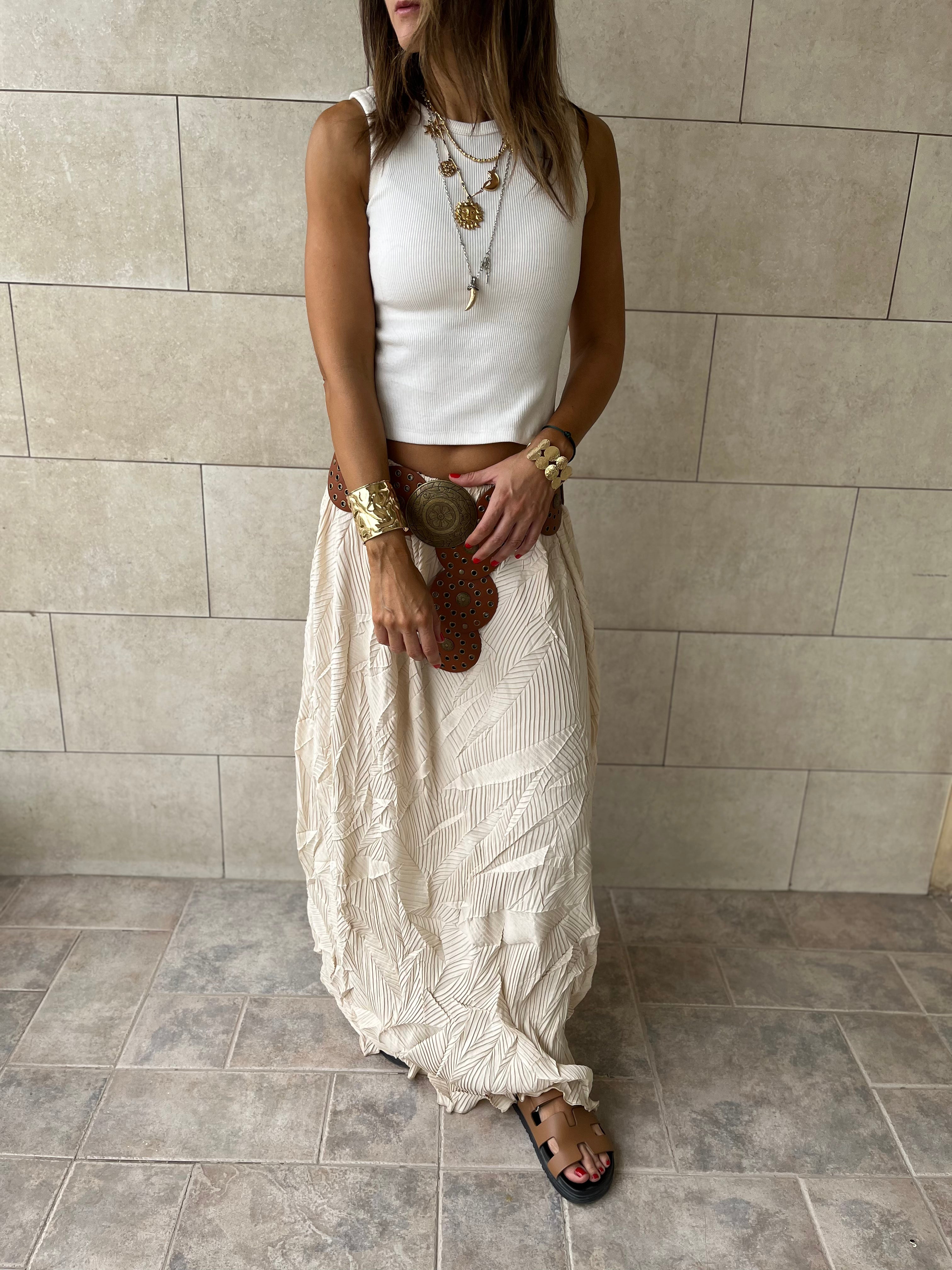 Beige Crinkled Bohemian Skirt