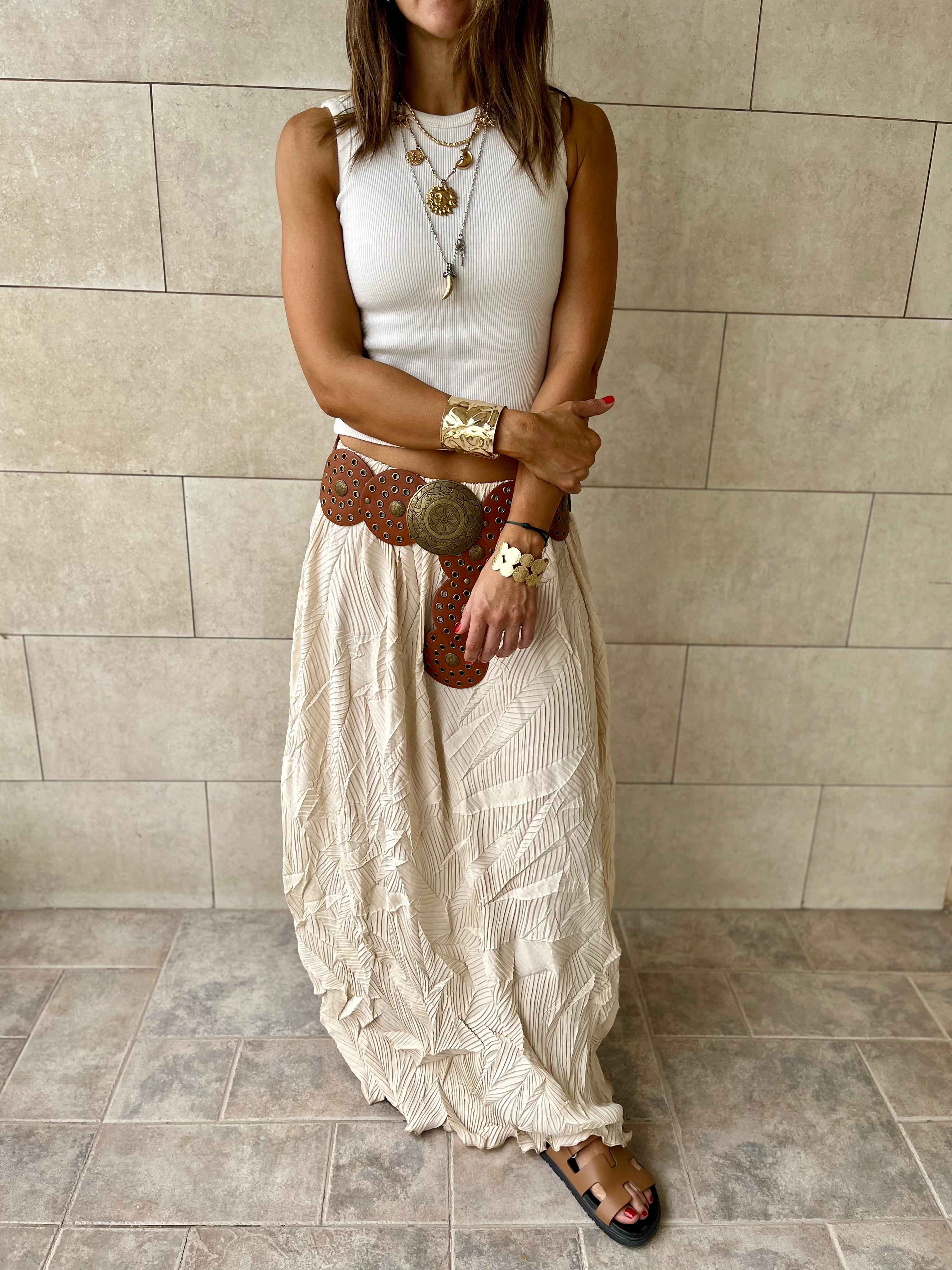 Beige Crinkled Bohemian Skirt