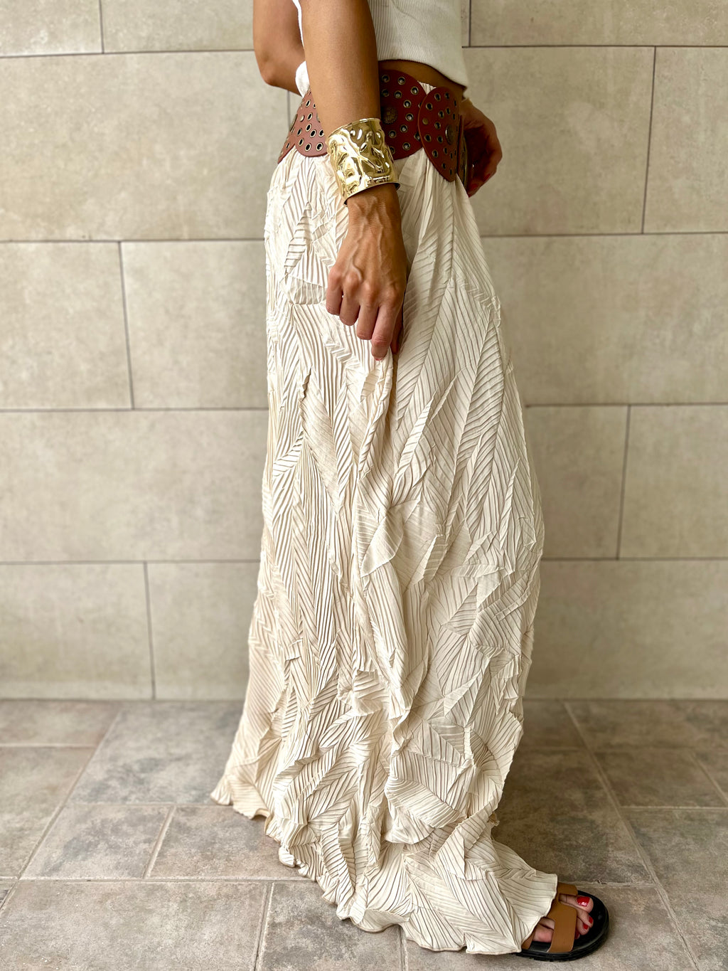 Beige Crinkled Bohemian Skirt