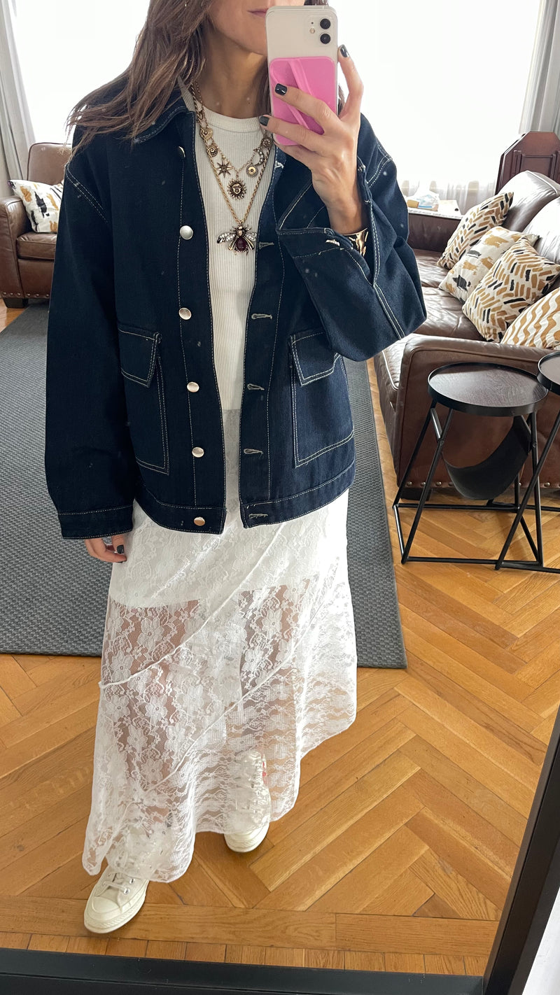 Navy Stitched Boxy Denim Jacket