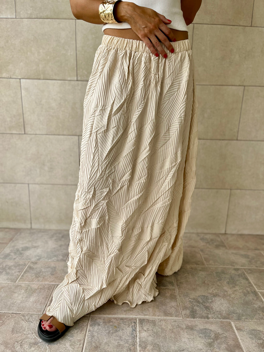 Beige Crinkled Bohemian Skirt