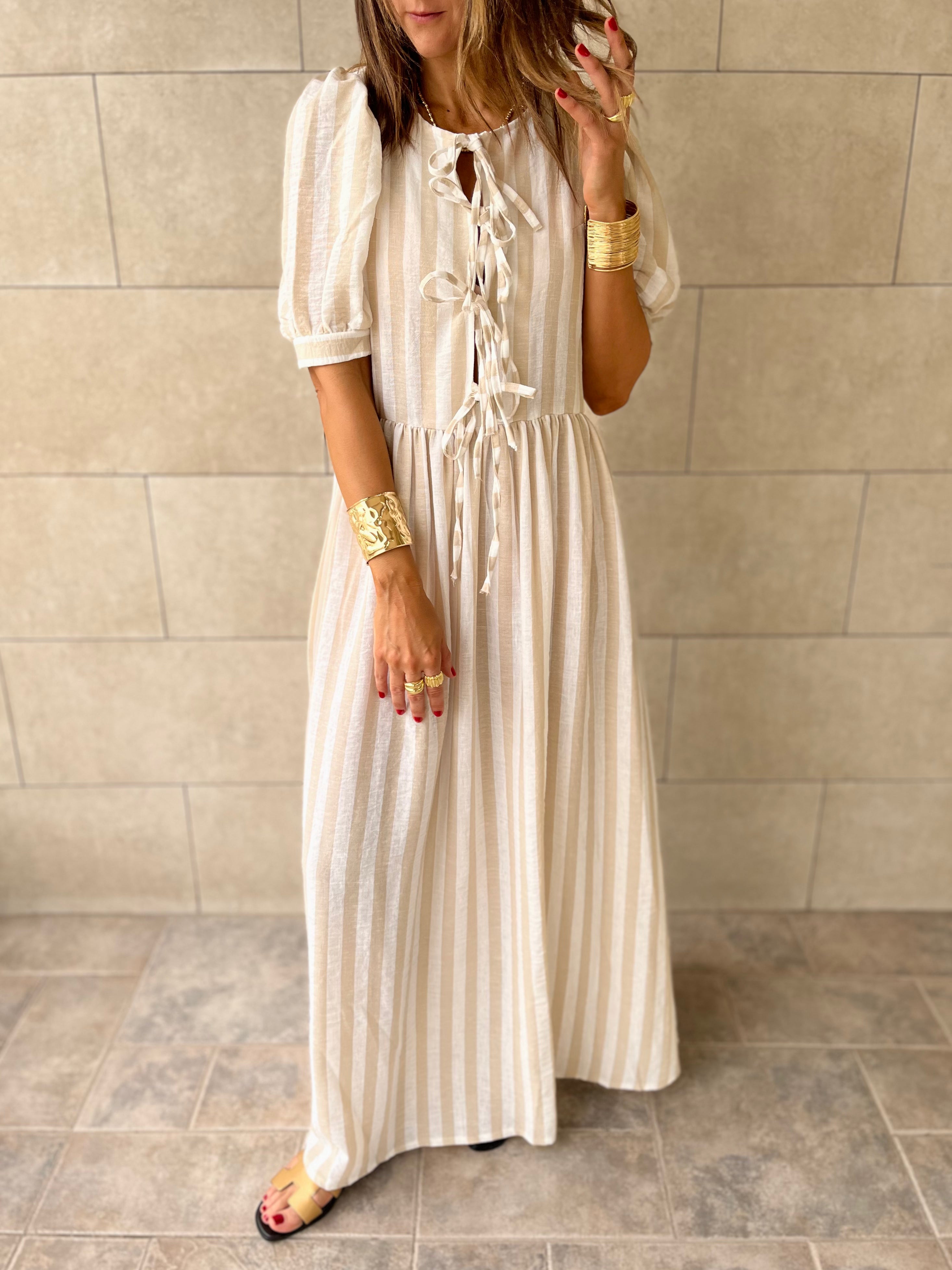Beige Cottage Core Front Tie Dress