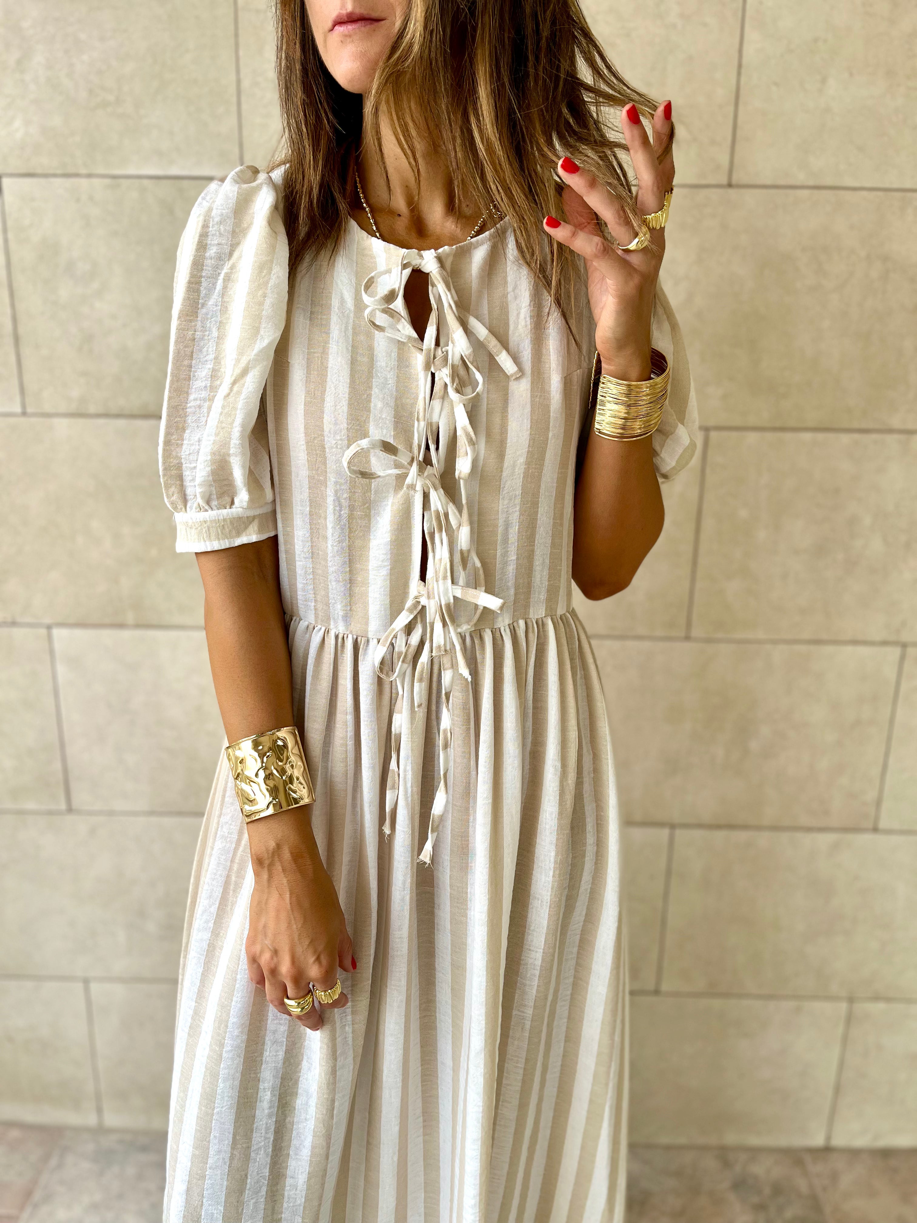 Beige Cottage Core Front Tie Dress