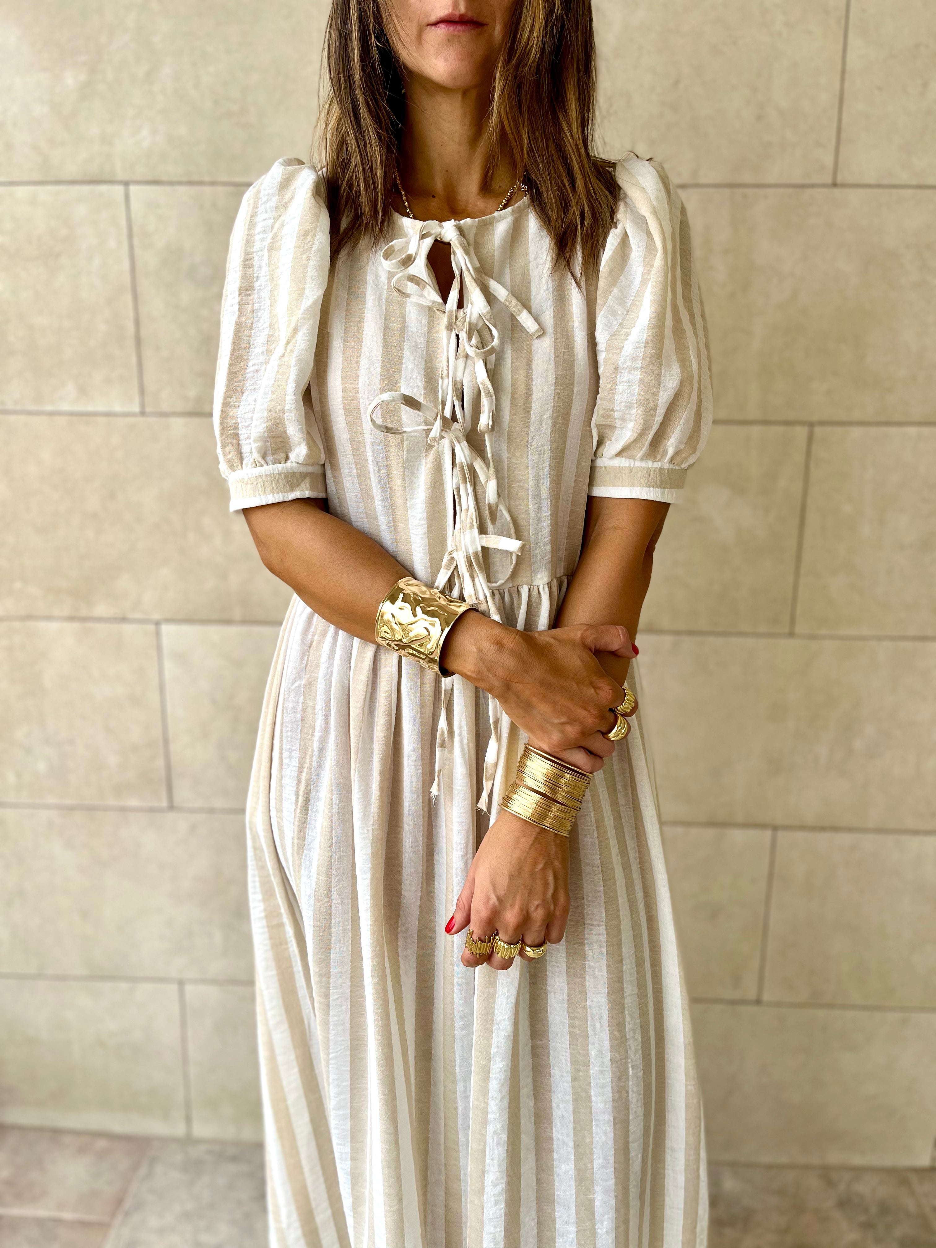 Beige Cottage Core Front Tie Dress