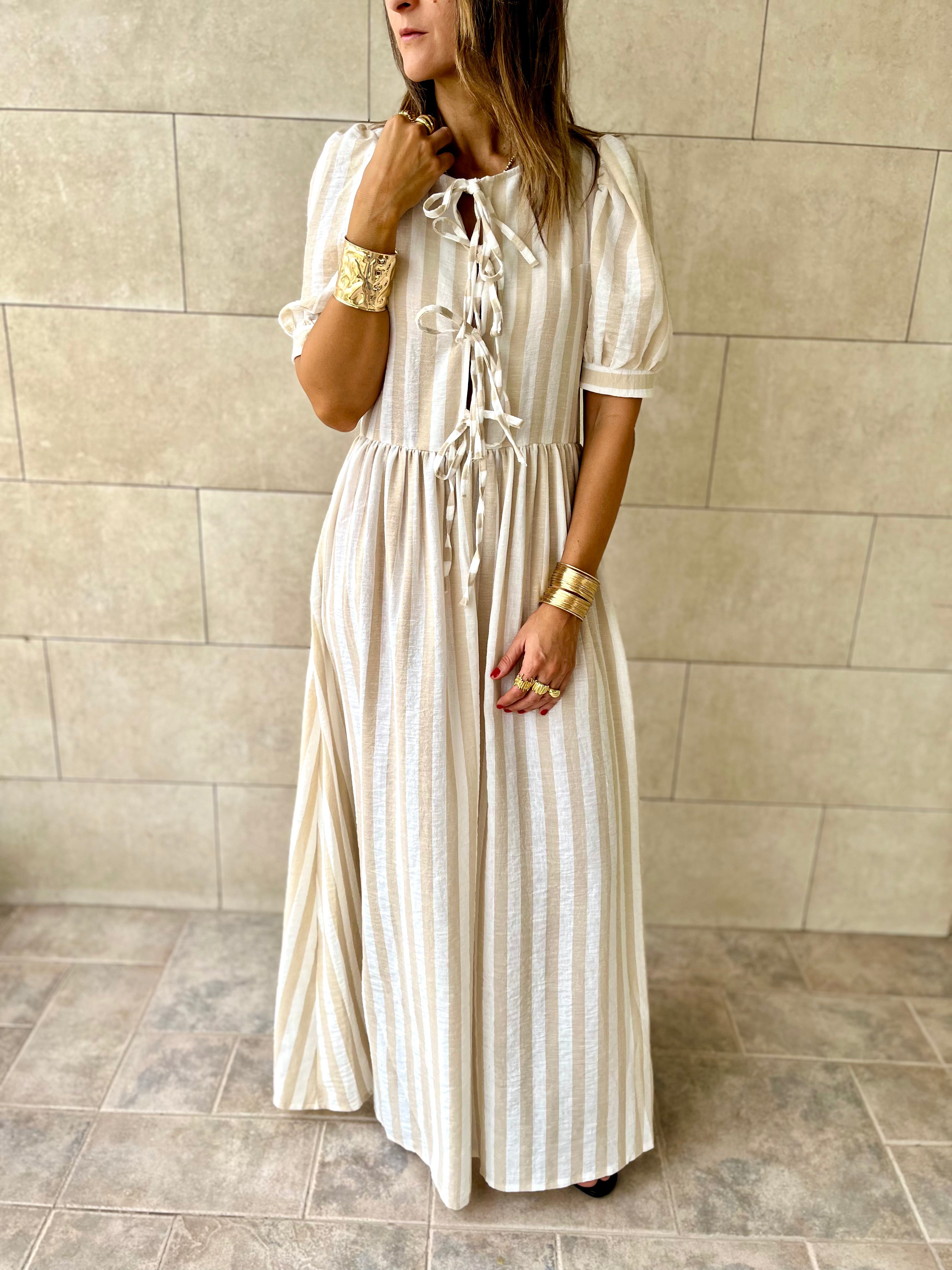 Beige Cottage Core Front Tie Dress