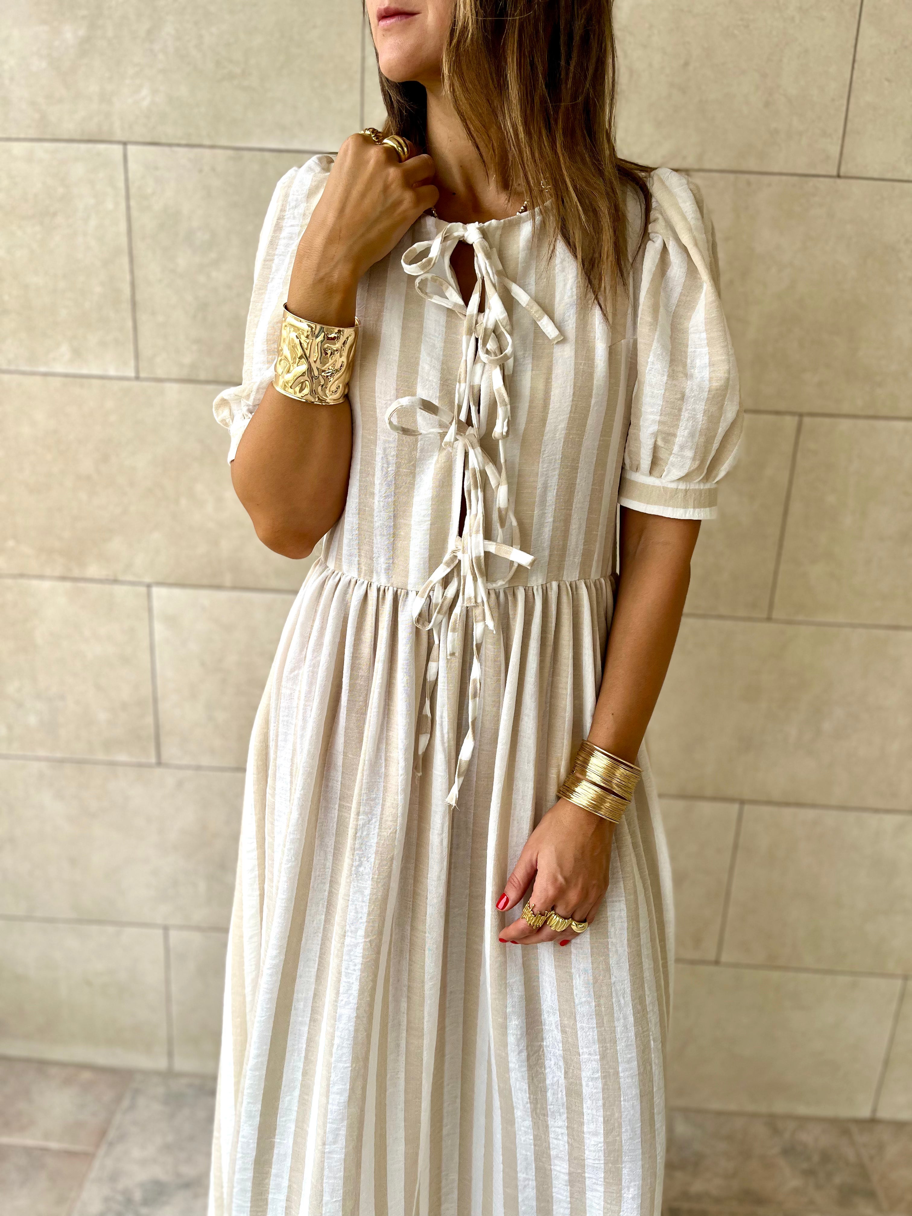 Beige Cottage Core Front Tie Dress