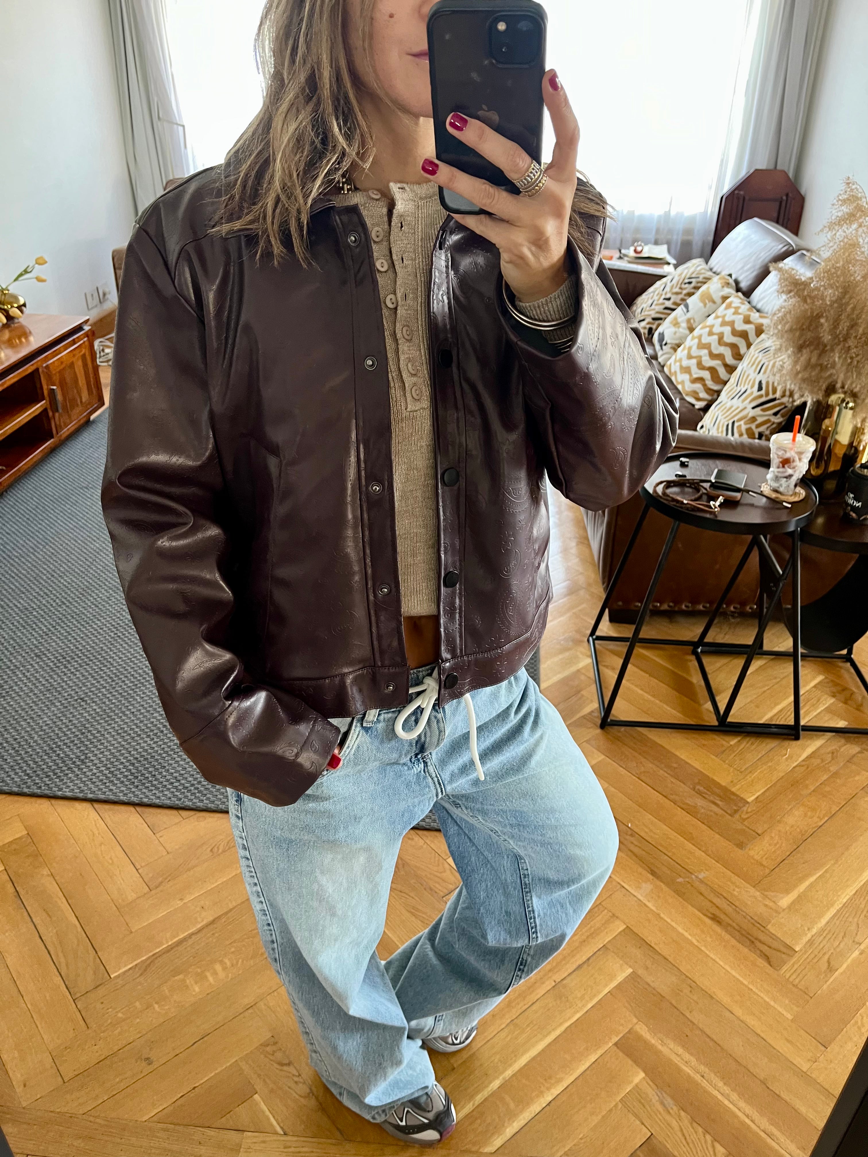 Plum Paisley Printed Leather Jacket