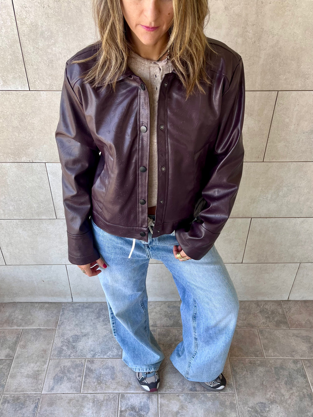 Plum Paisley Printed Leather Jacket