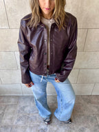 Plum Paisley Printed Leather Jacket