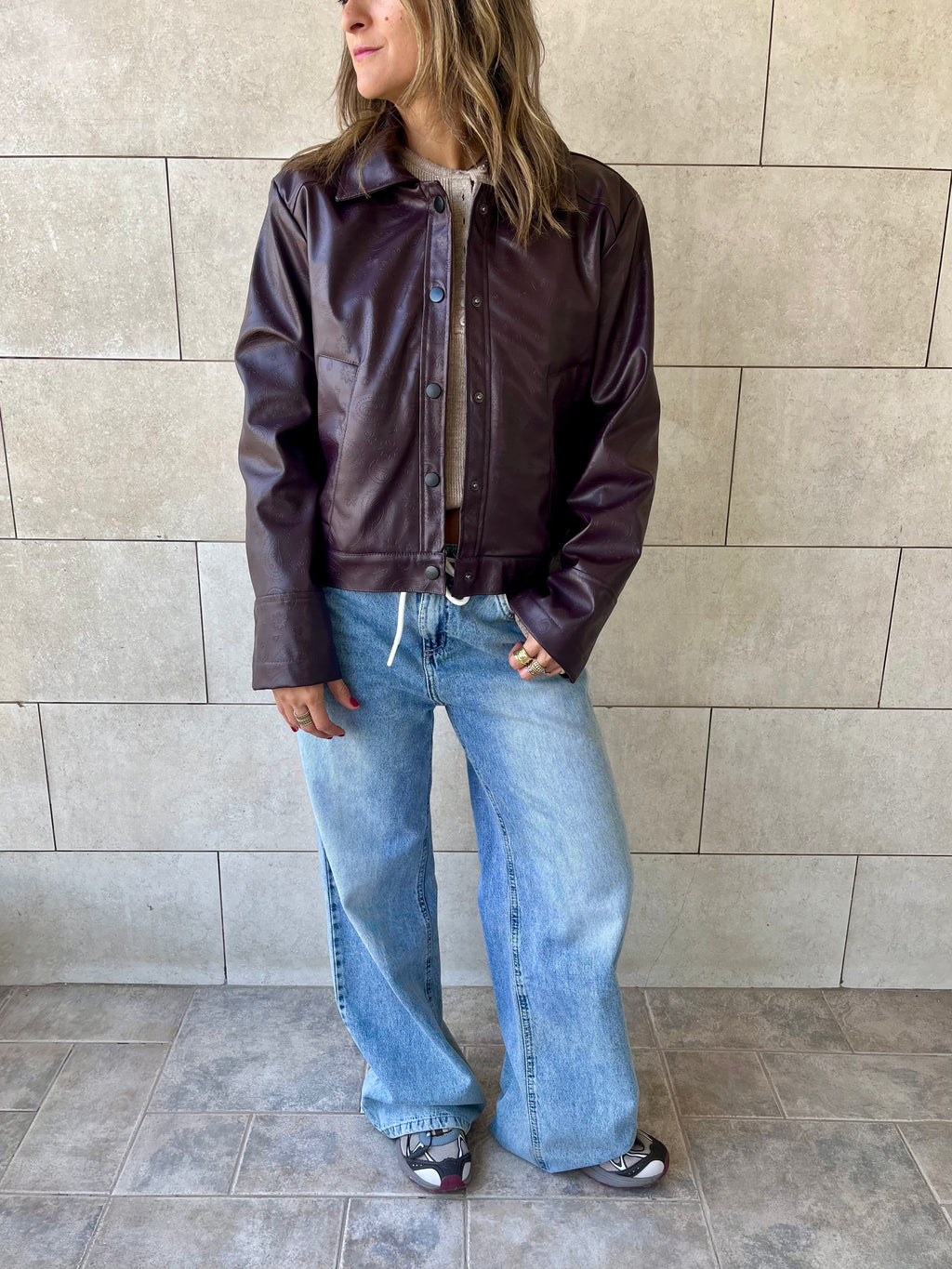 Plum Paisley Printed Leather Jacket