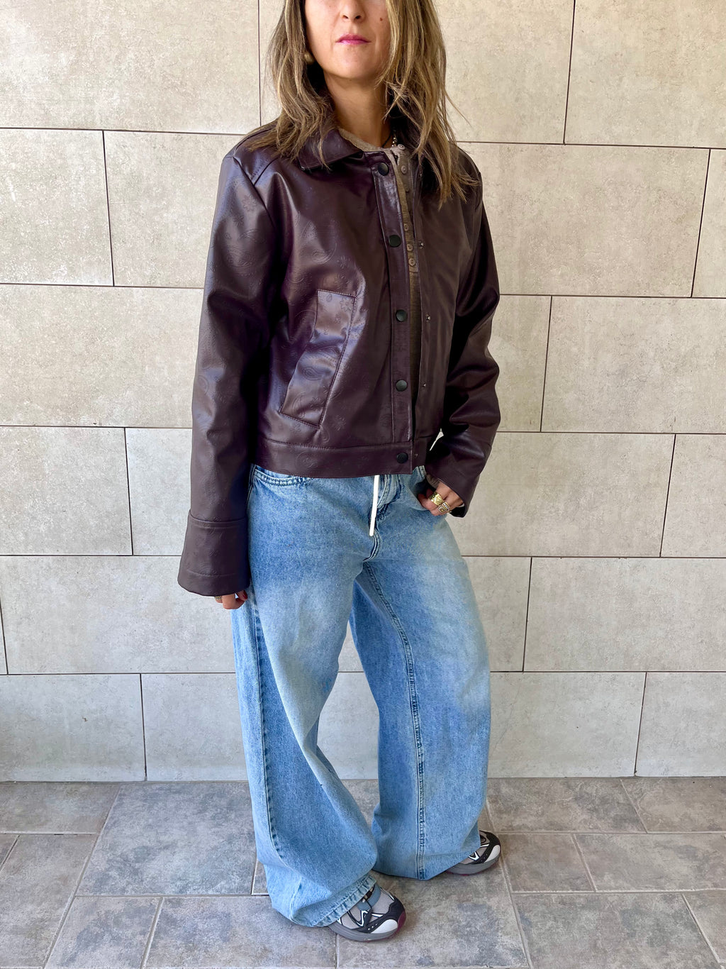 Plum Paisley Printed Leather Jacket