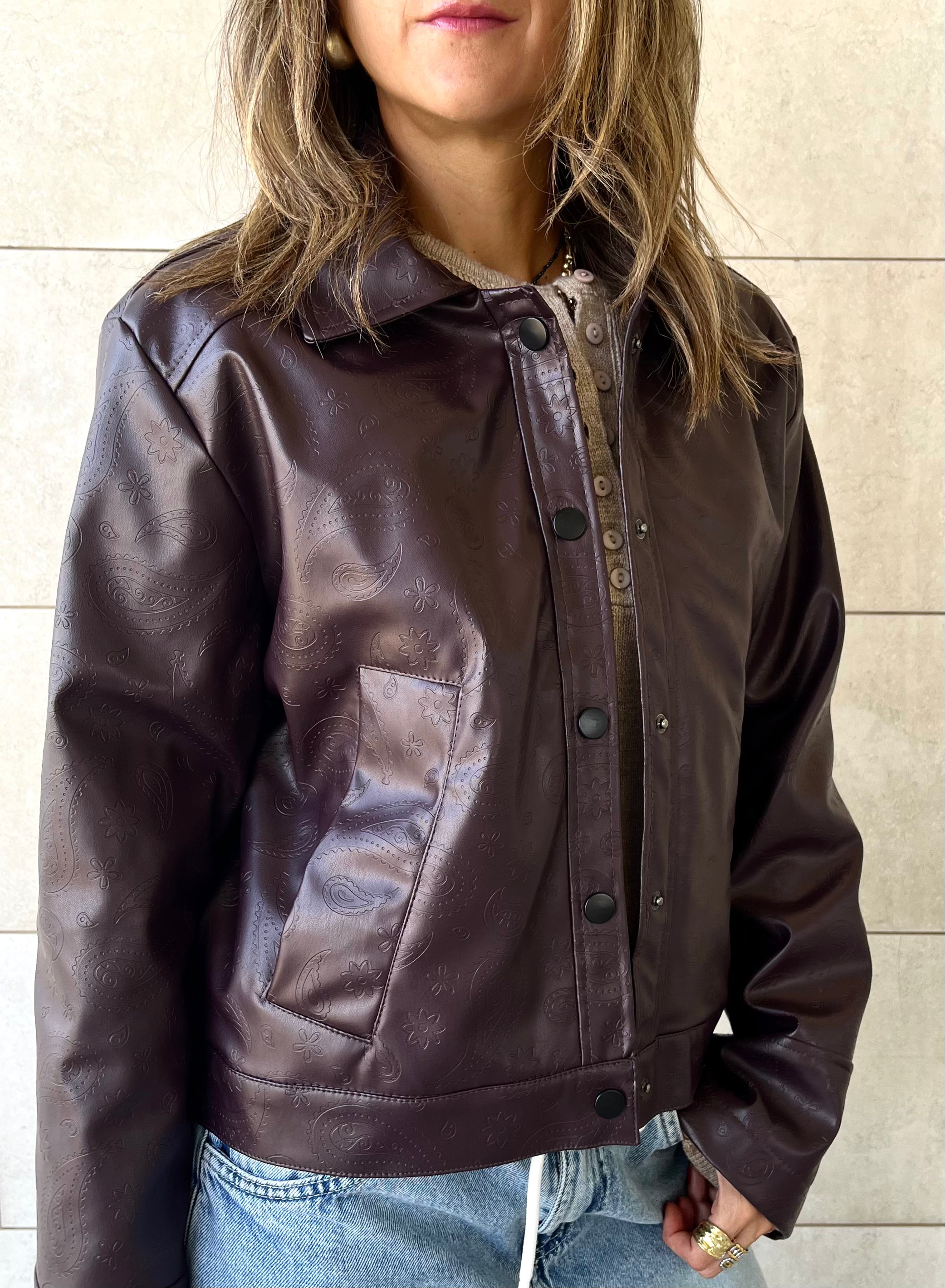 Plum Paisley Printed Leather Jacket