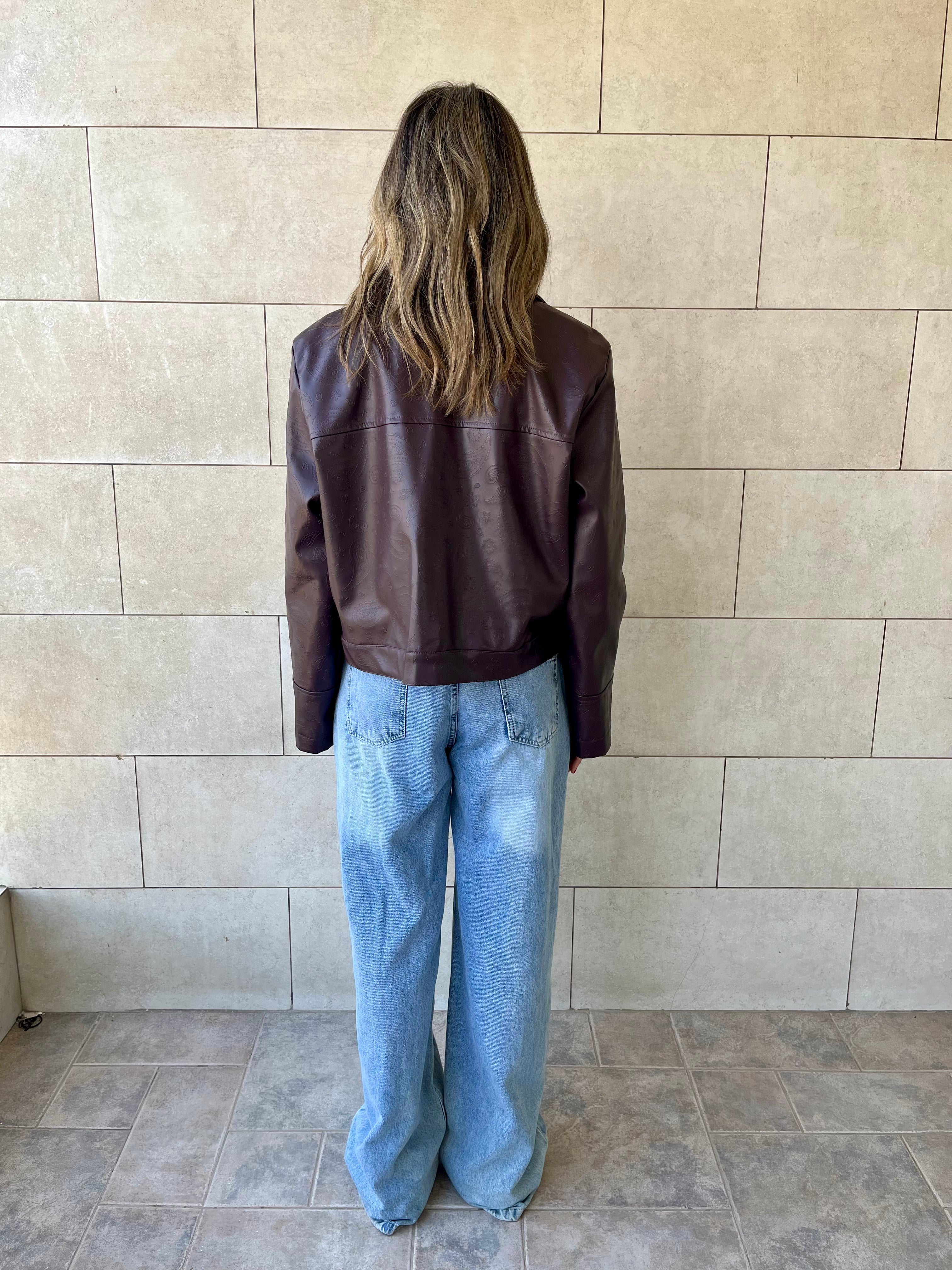 Plum Paisley Printed Leather Jacket