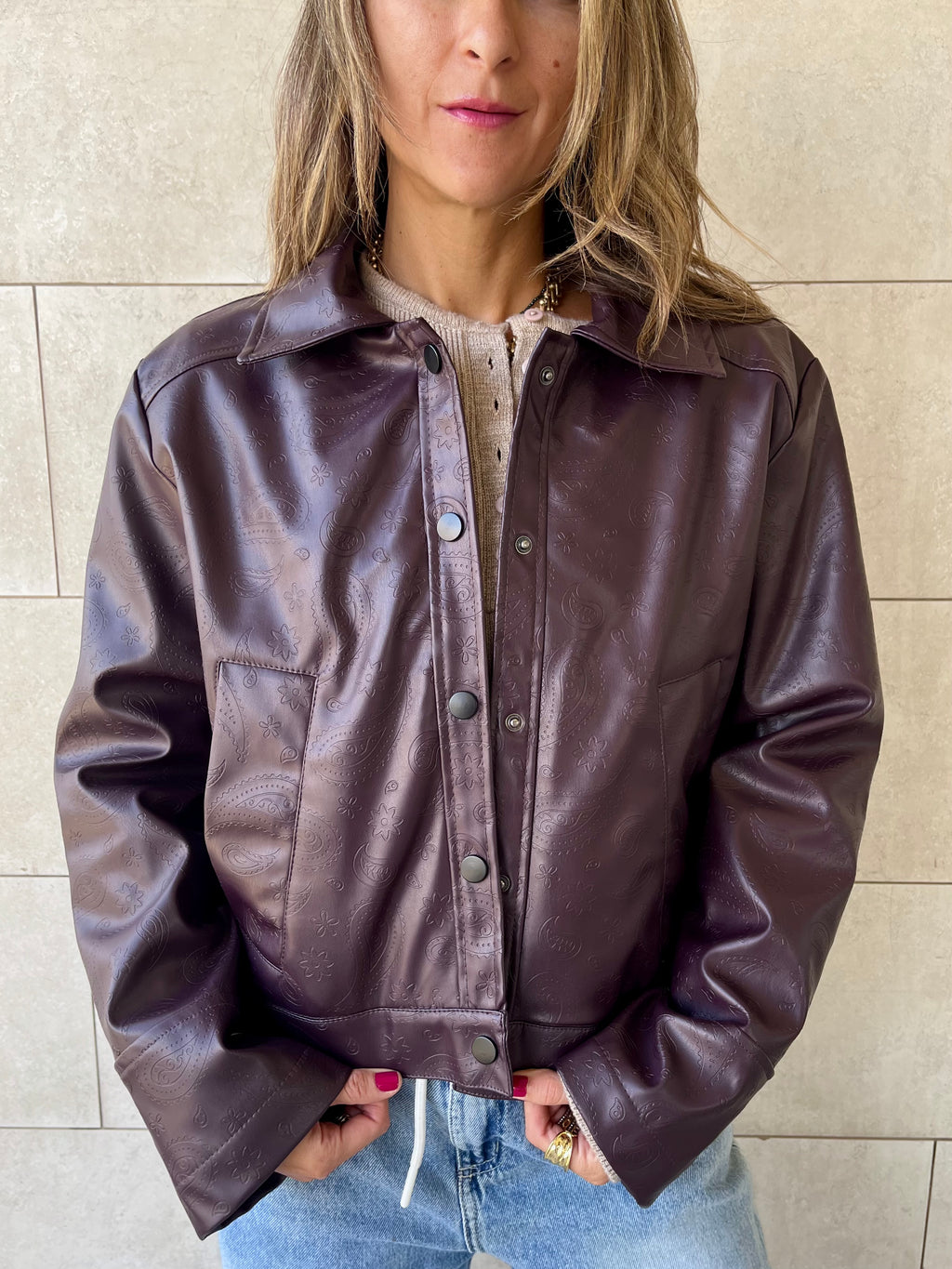 Plum Paisley Printed Leather Jacket