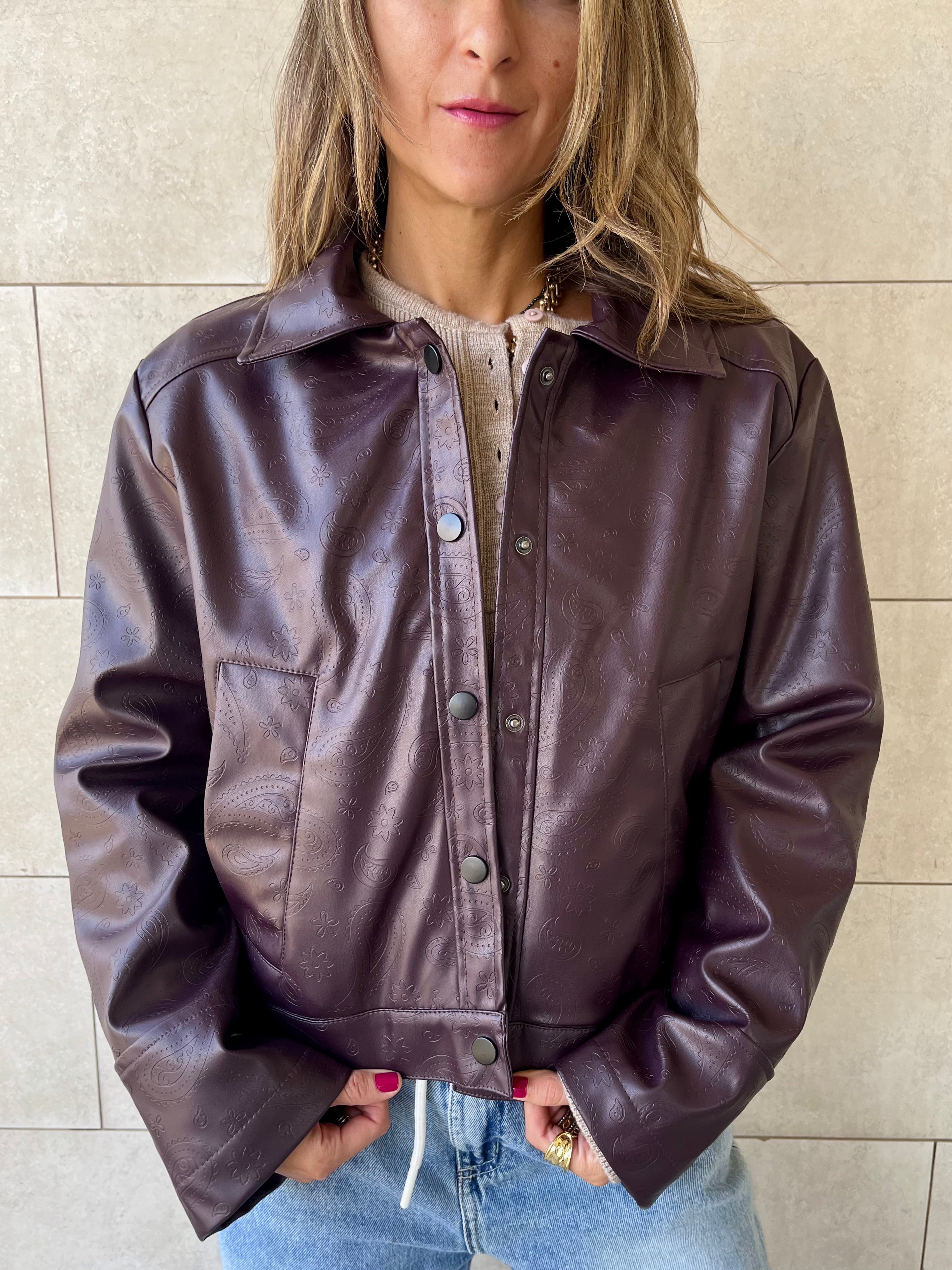 Plum Paisley Printed Leather Jacket