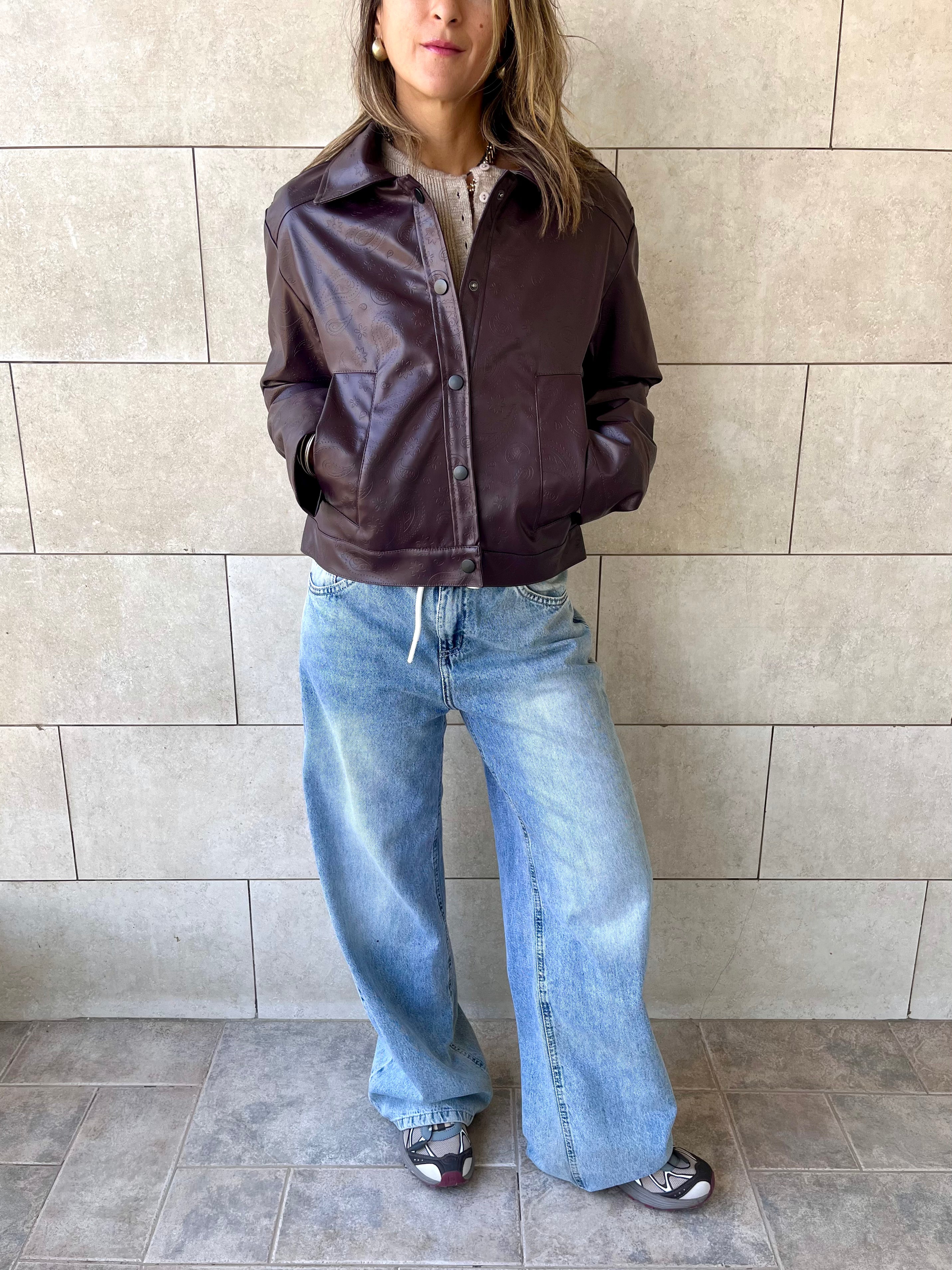 Plum Paisley Printed Leather Jacket