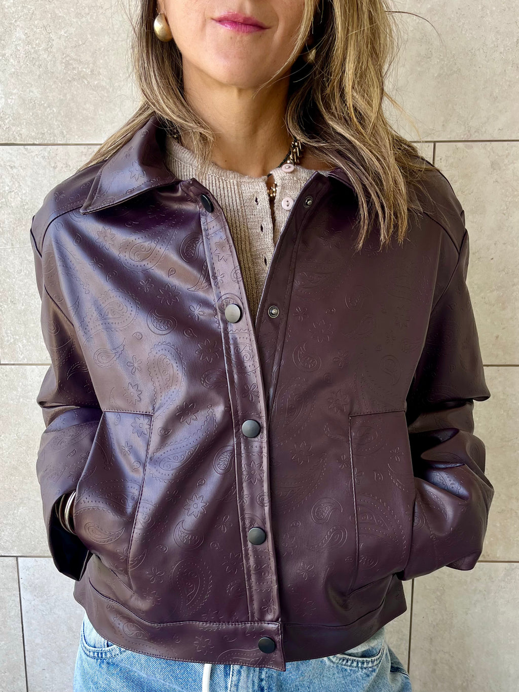 Plum Paisley Printed Leather Jacket