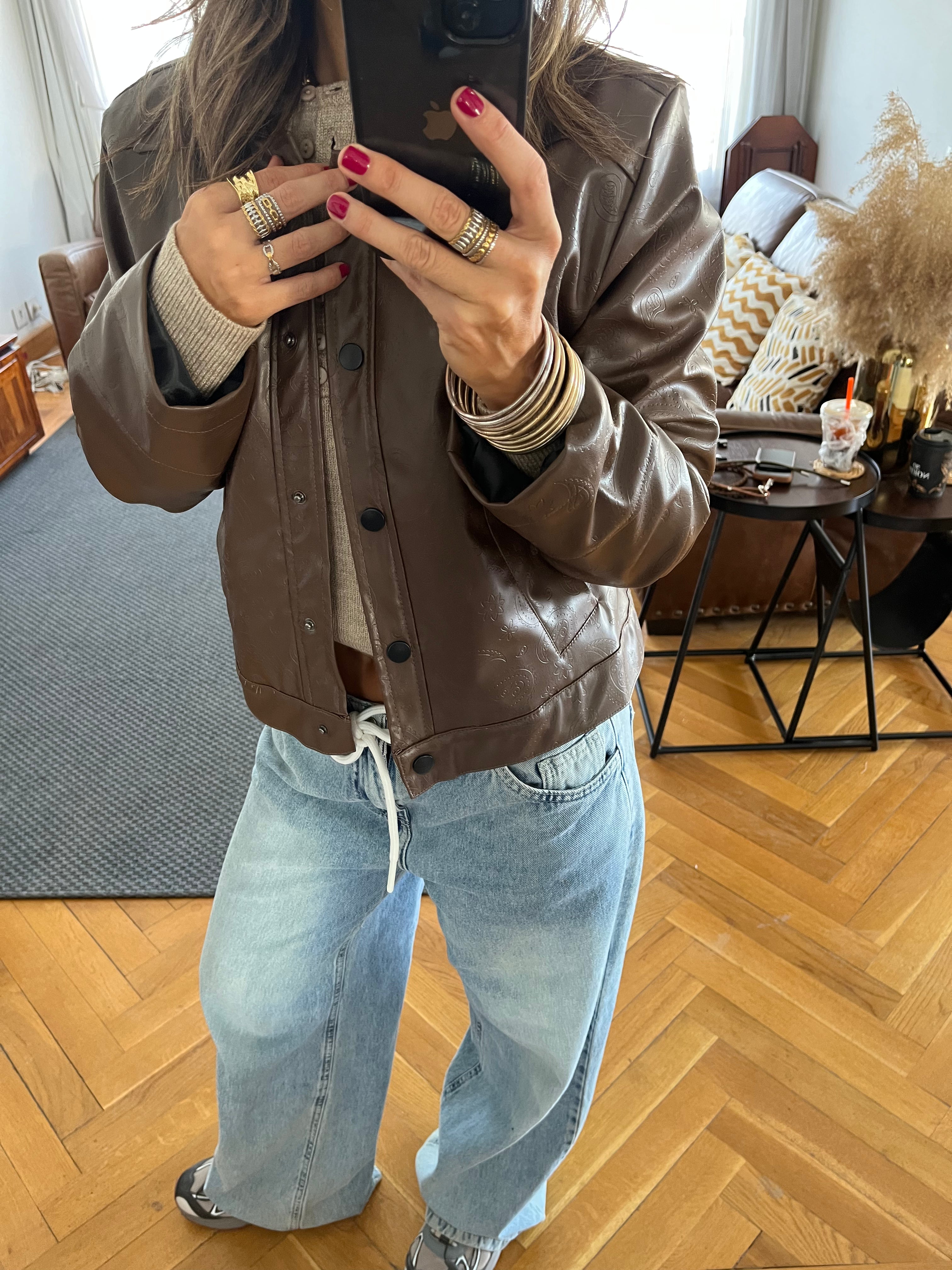 Brown Paisley Printed Leather Jacket