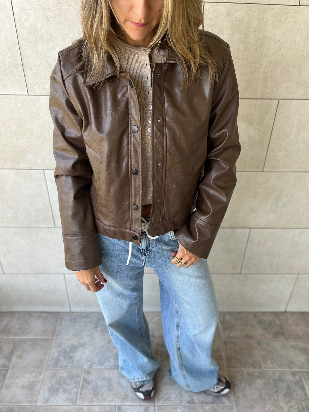 Brown Paisley Printed Leather Jacket