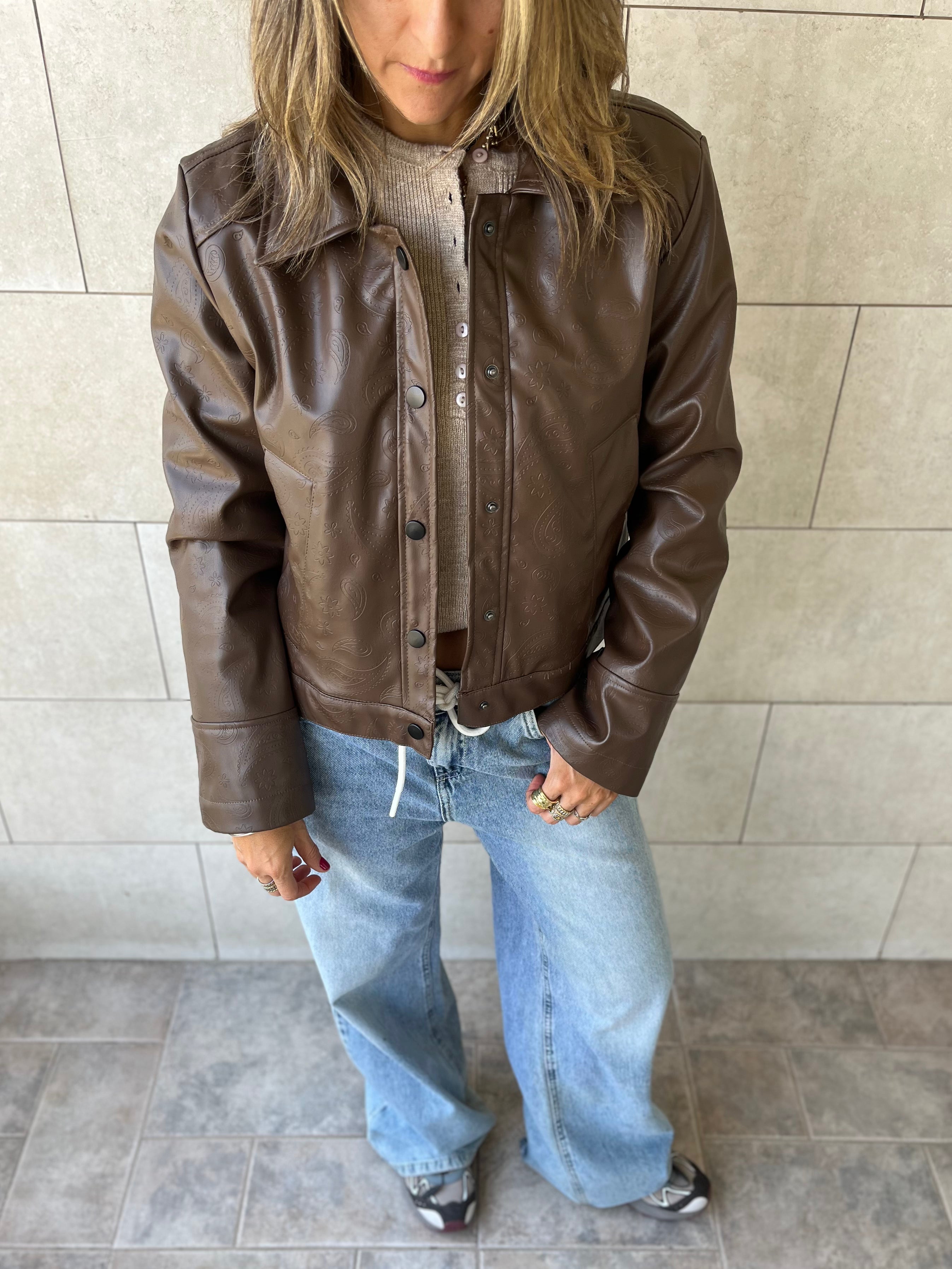 Brown Paisley Printed Leather Jacket