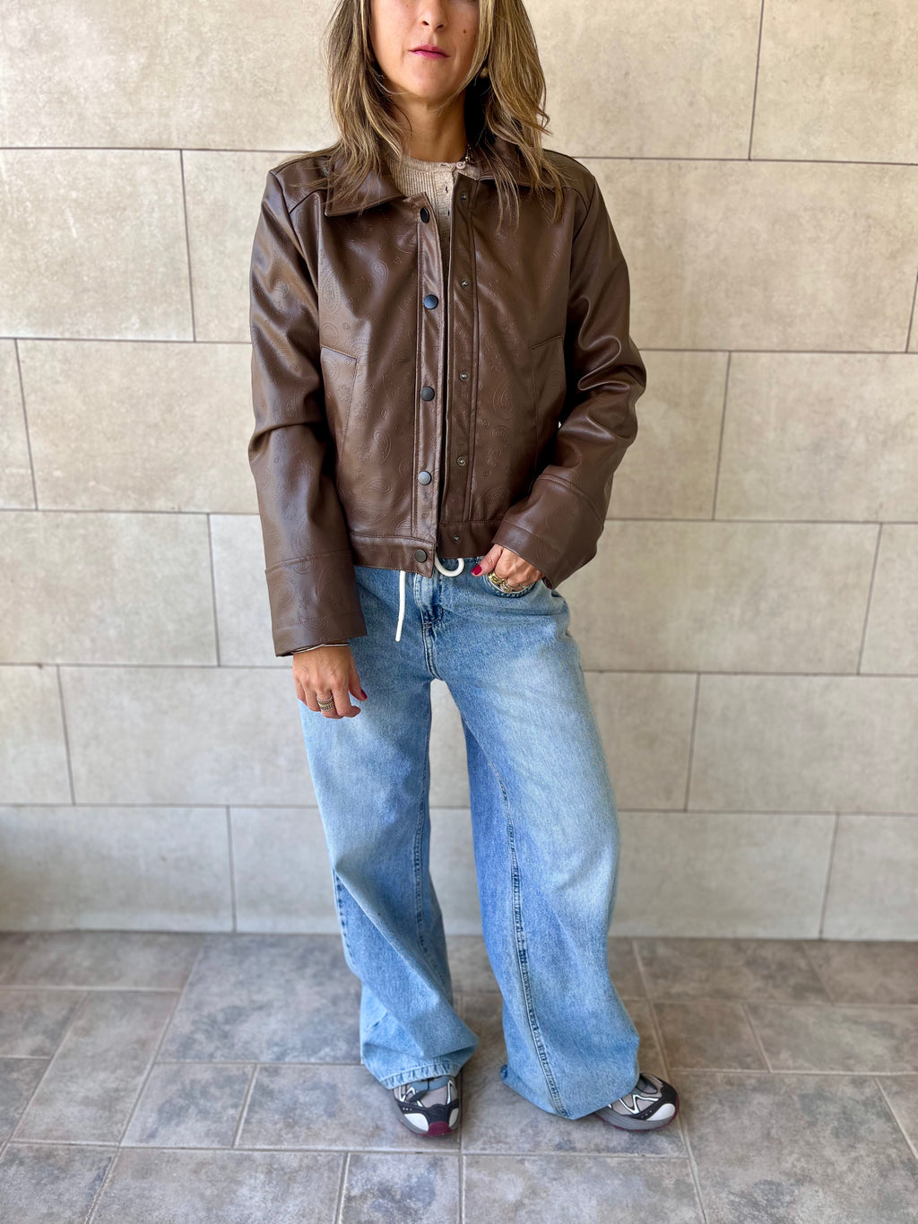 Brown Paisley Printed Leather Jacket