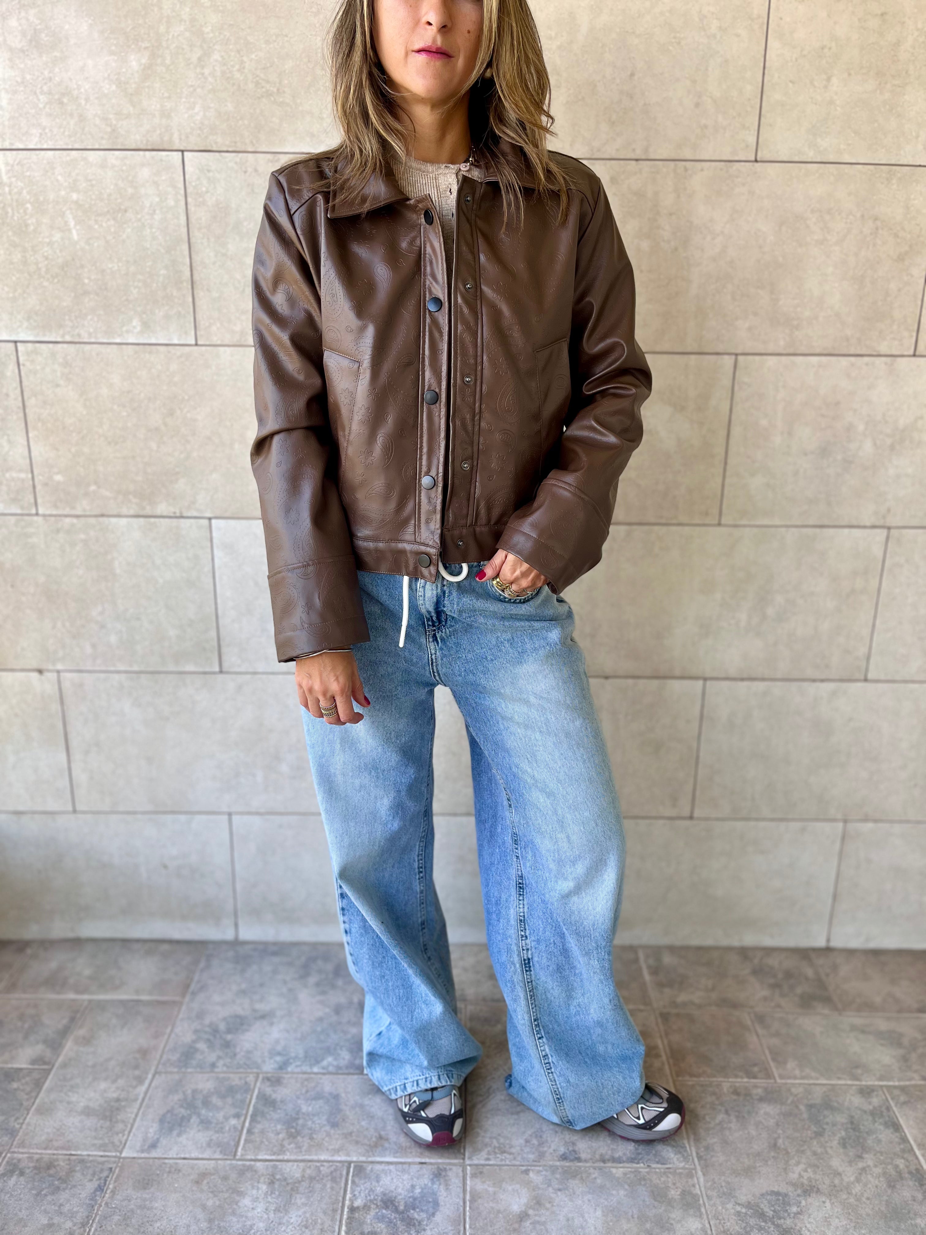 Brown Paisley Printed Leather Jacket