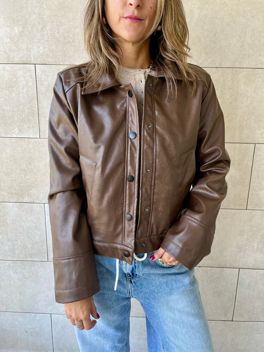 Brown Paisley Printed Leather Jacket