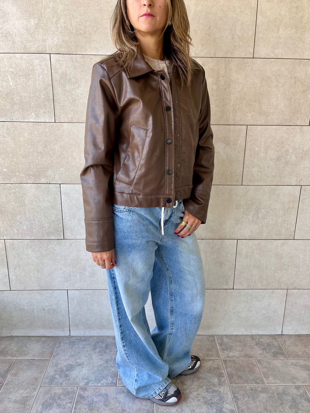 Brown Paisley Printed Leather Jacket