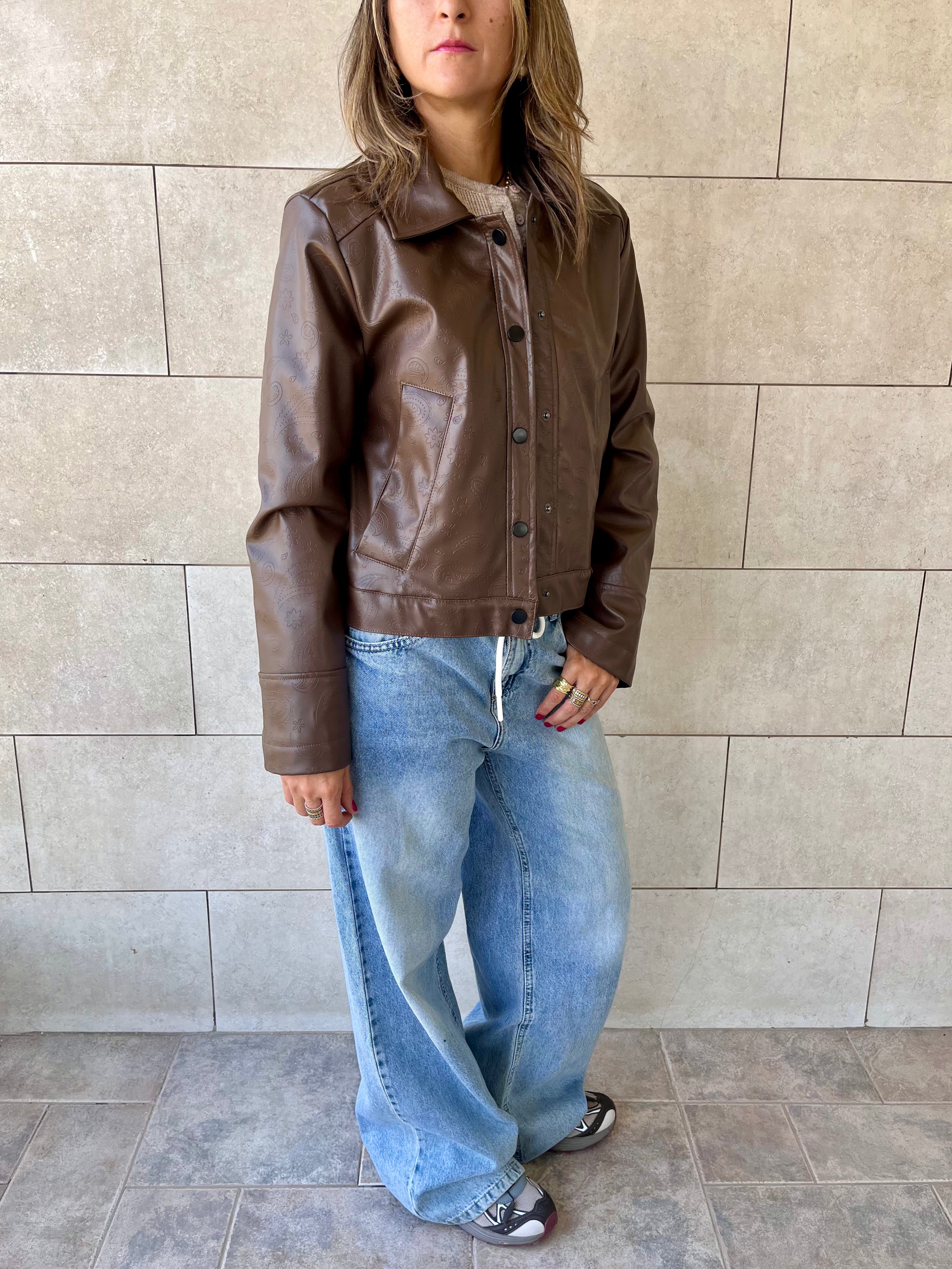 Brown Paisley Printed Leather Jacket