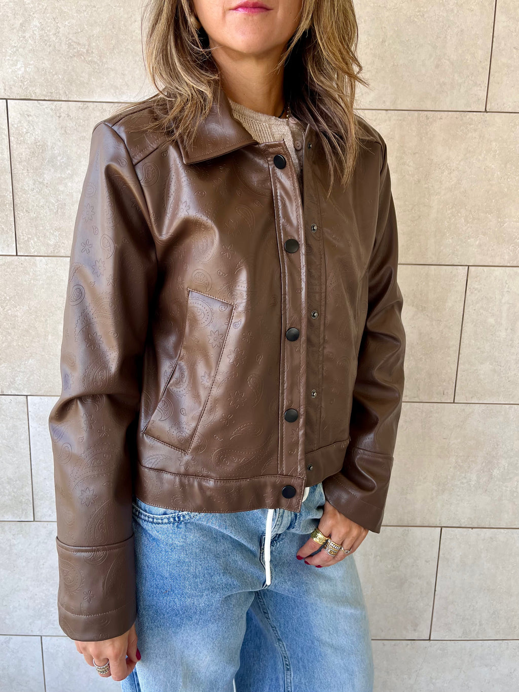 Brown Paisley Printed Leather Jacket