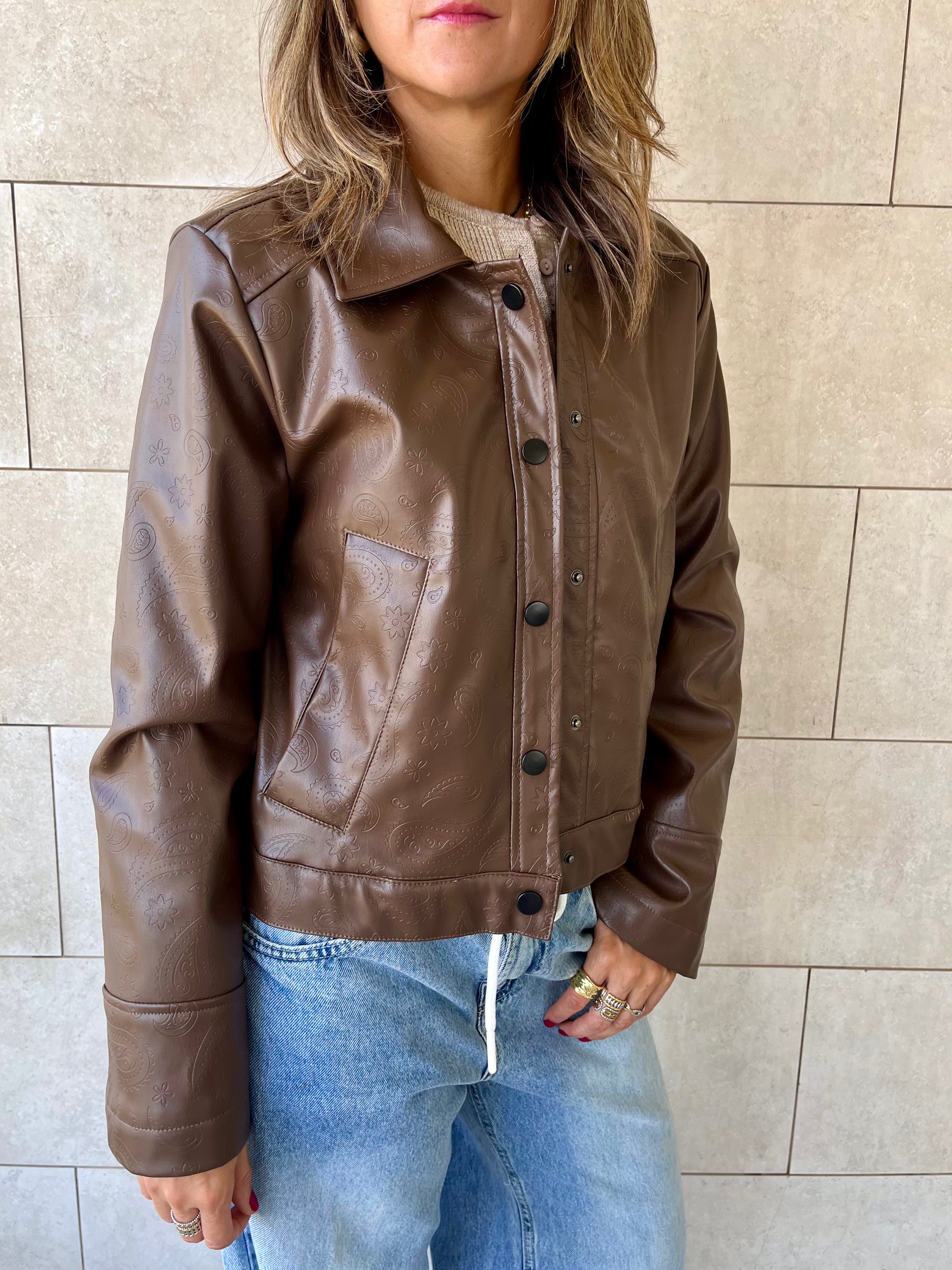 Brown Paisley Printed Leather Jacket