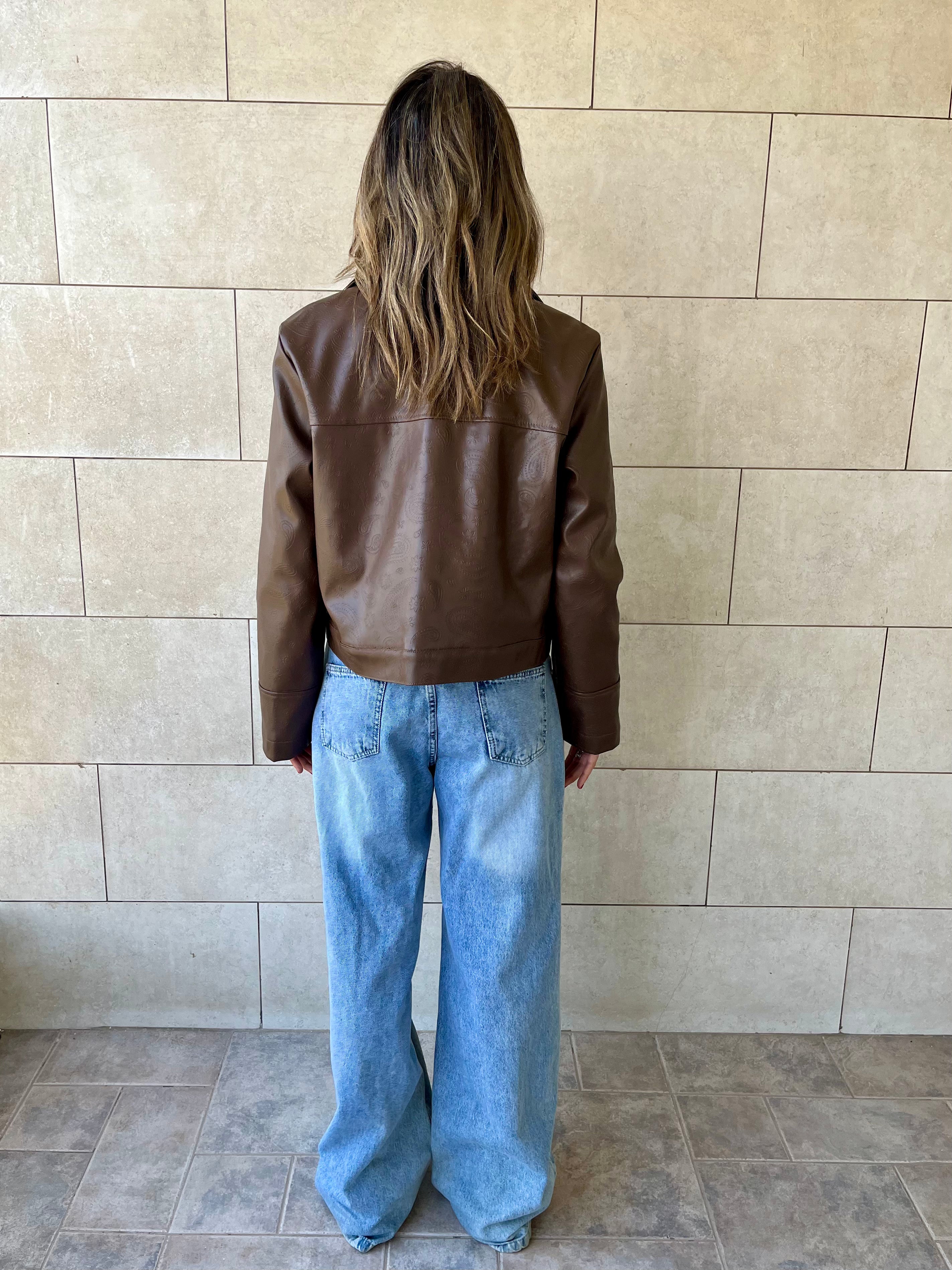 Brown Paisley Printed Leather Jacket