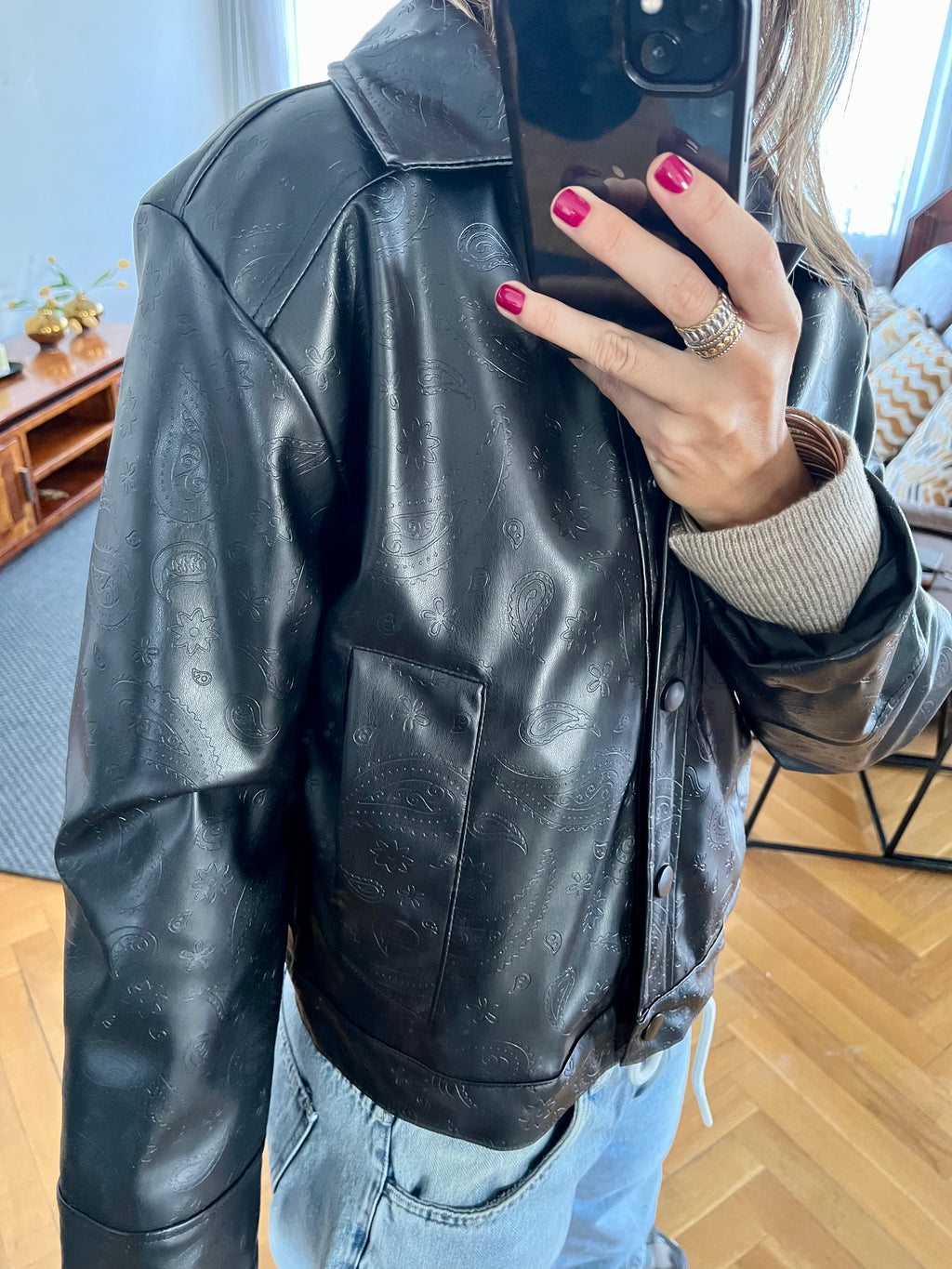 Black Paisley Printed Leather Jacket