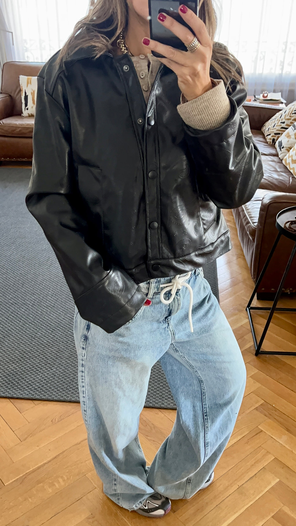 Black Paisley Printed Leather Jacket