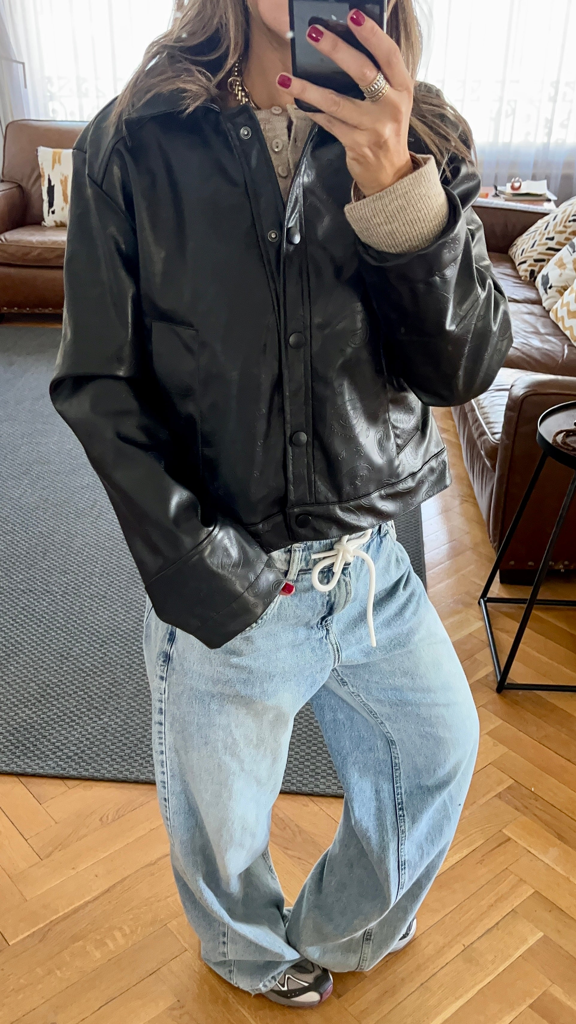 Black Paisley Printed Leather Jacket