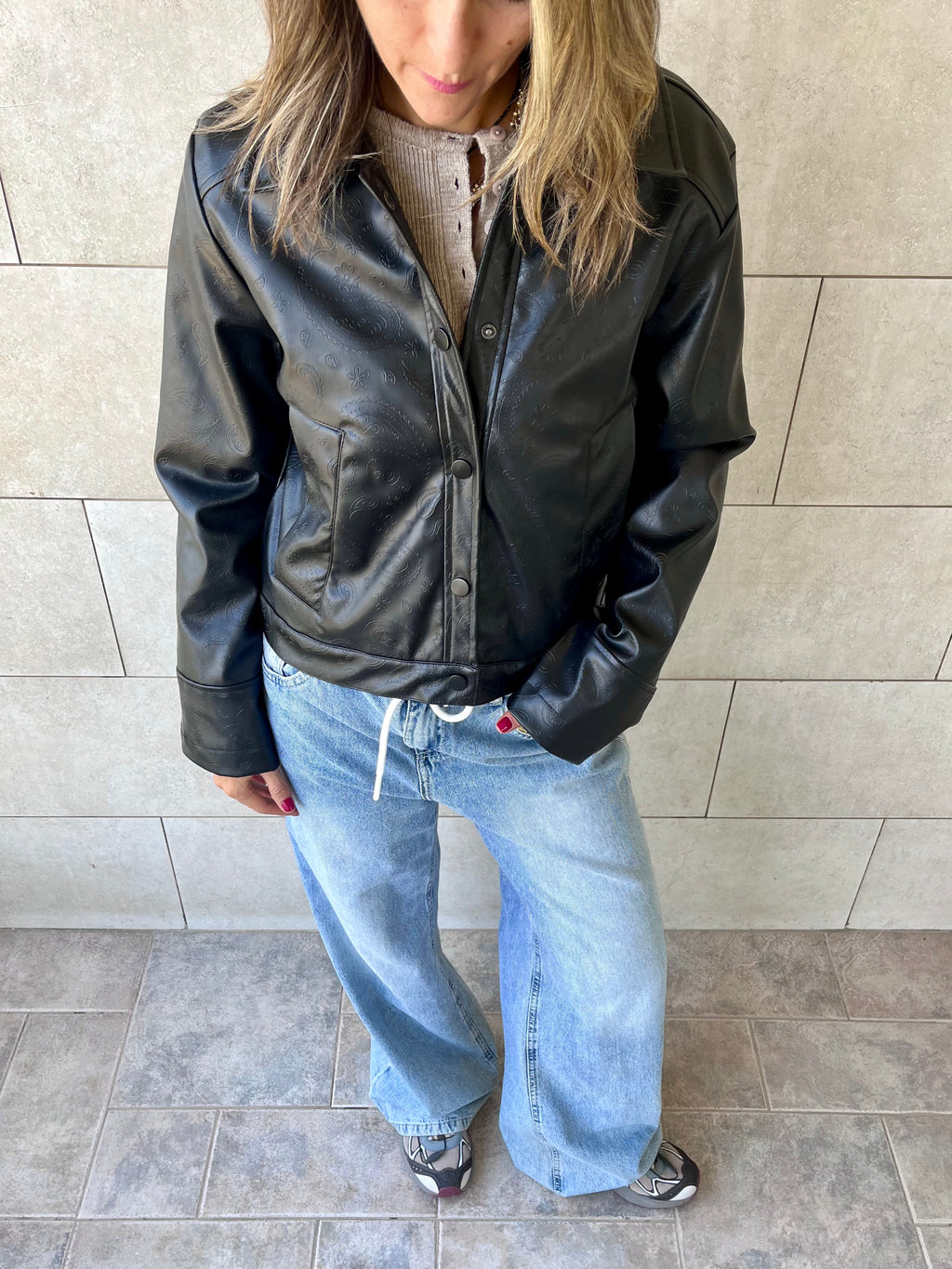 Black Paisley Printed Leather Jacket