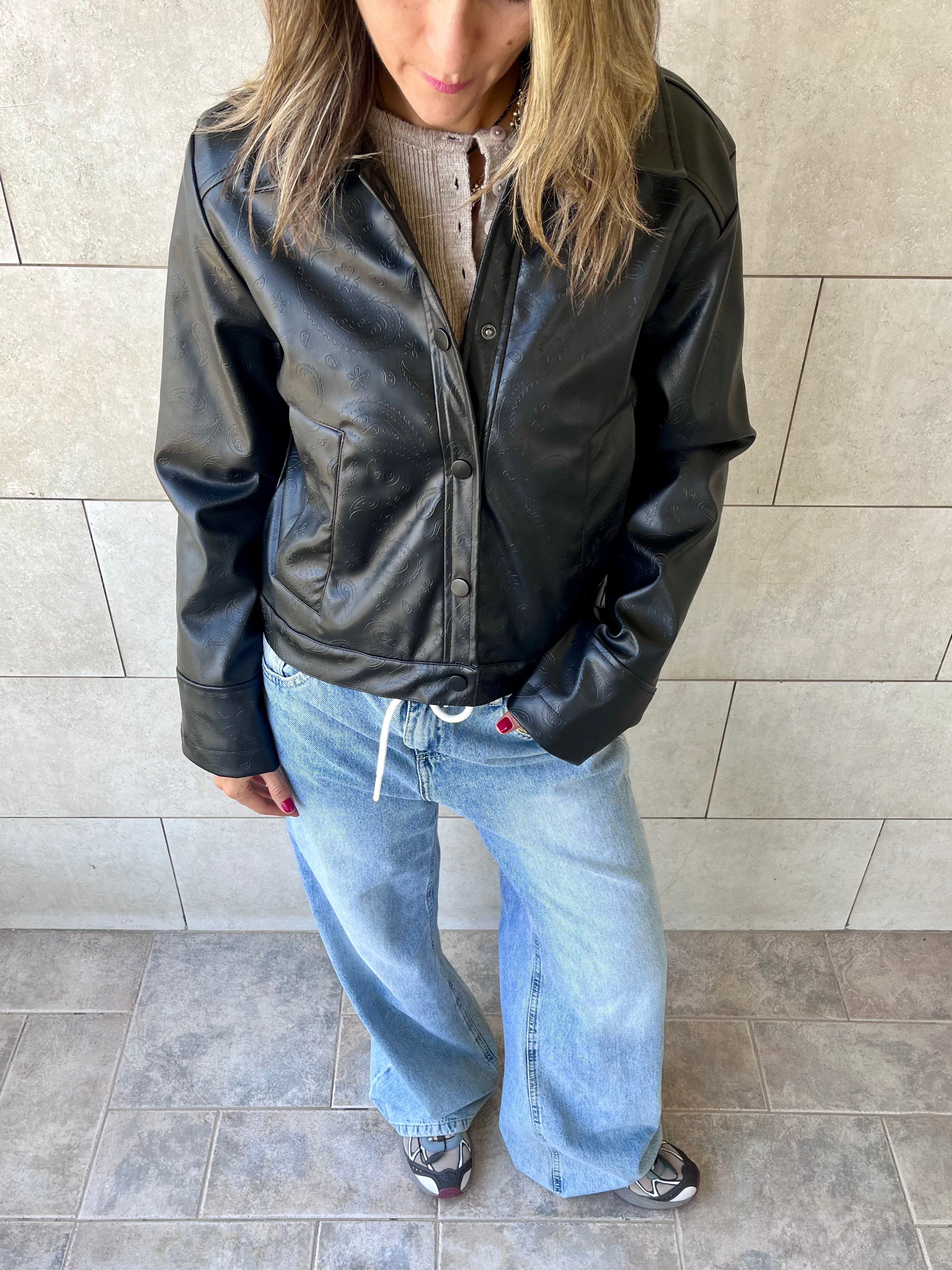 Black Paisley Printed Leather Jacket