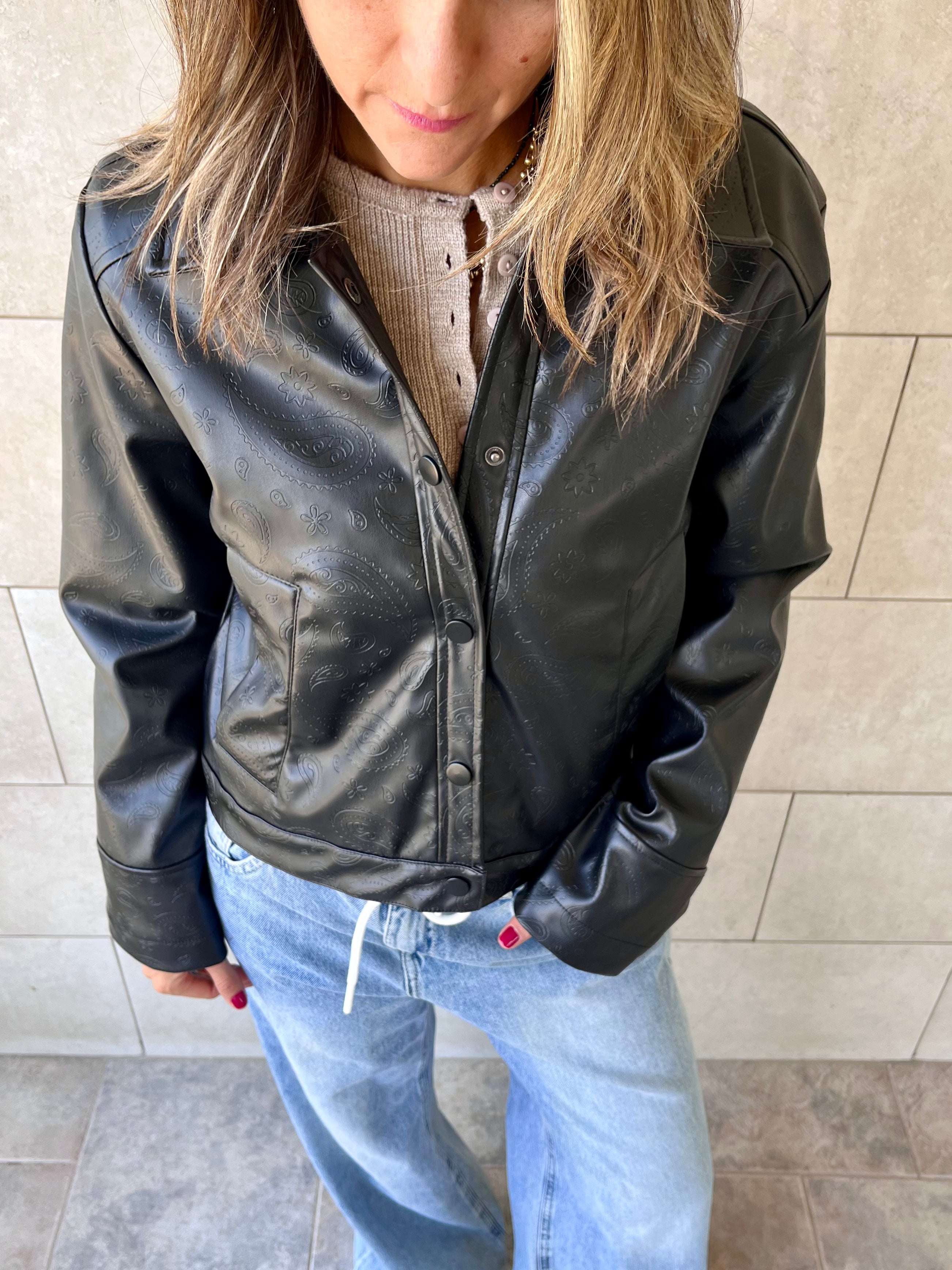 Black Paisley Printed Leather Jacket