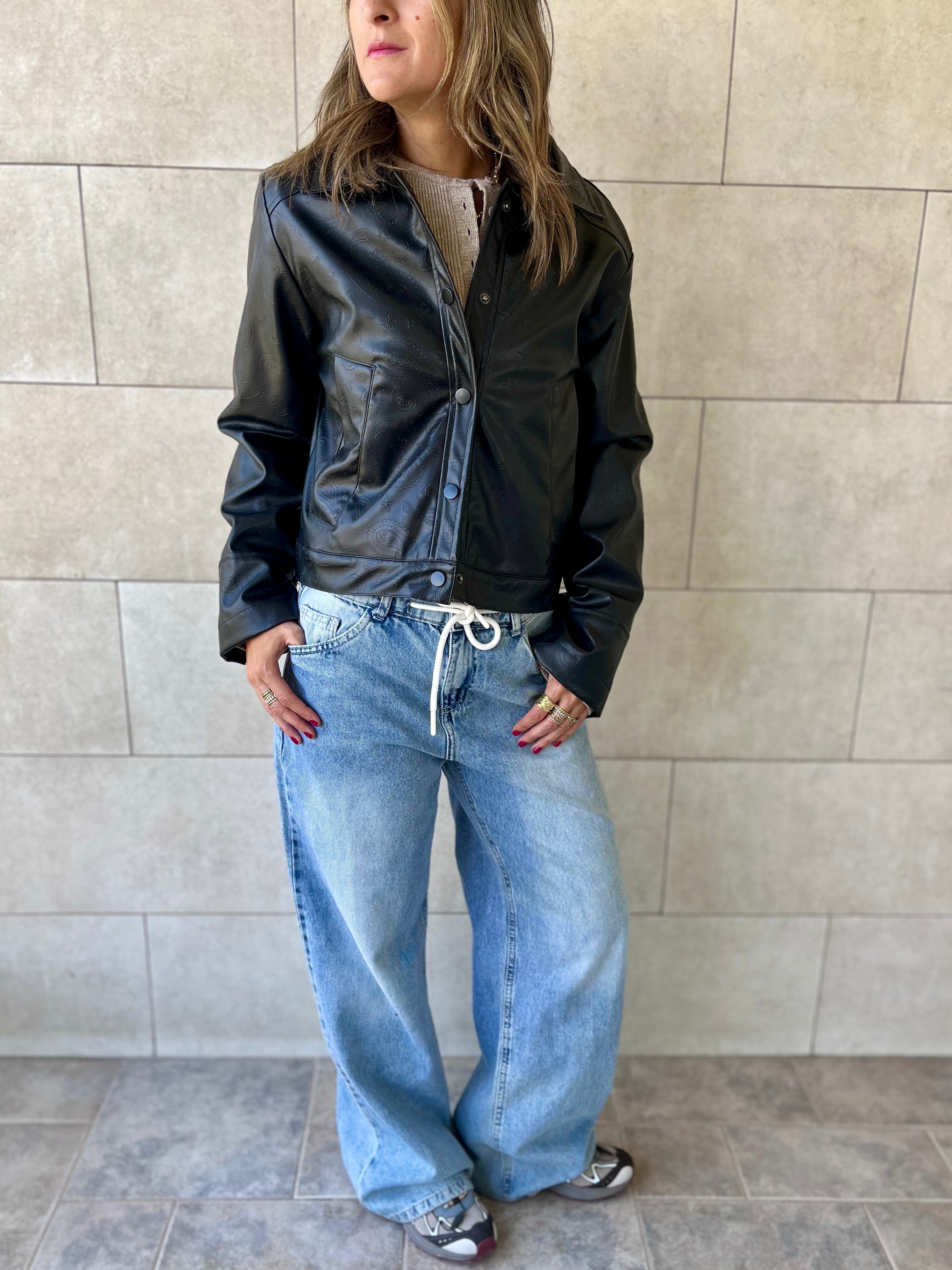 Black Paisley Printed Leather Jacket