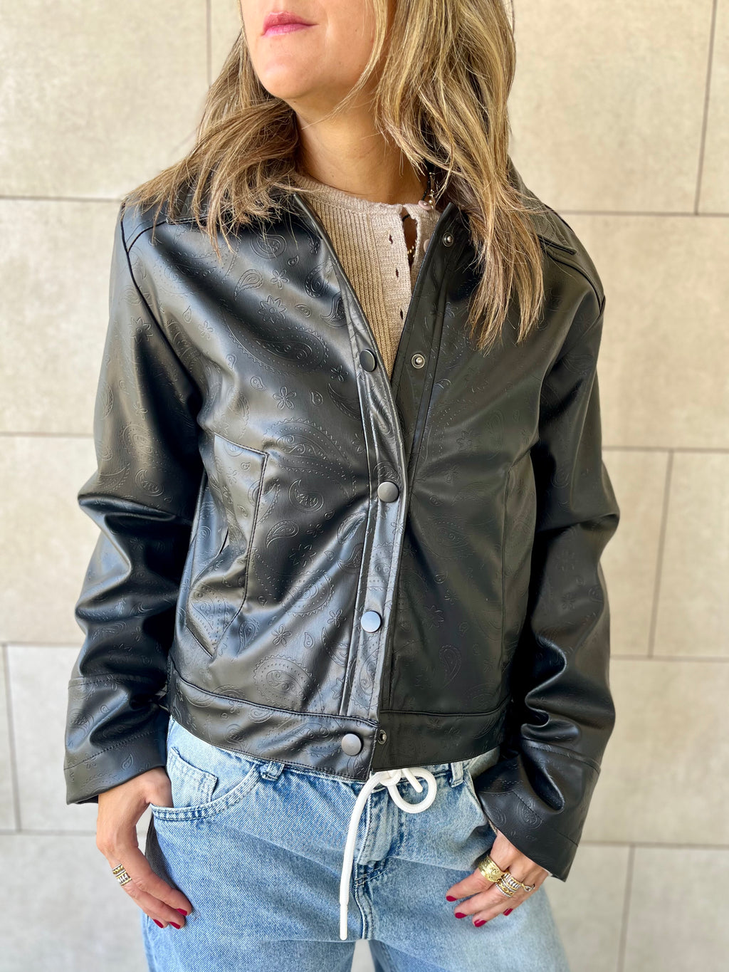 Black Paisley Printed Leather Jacket