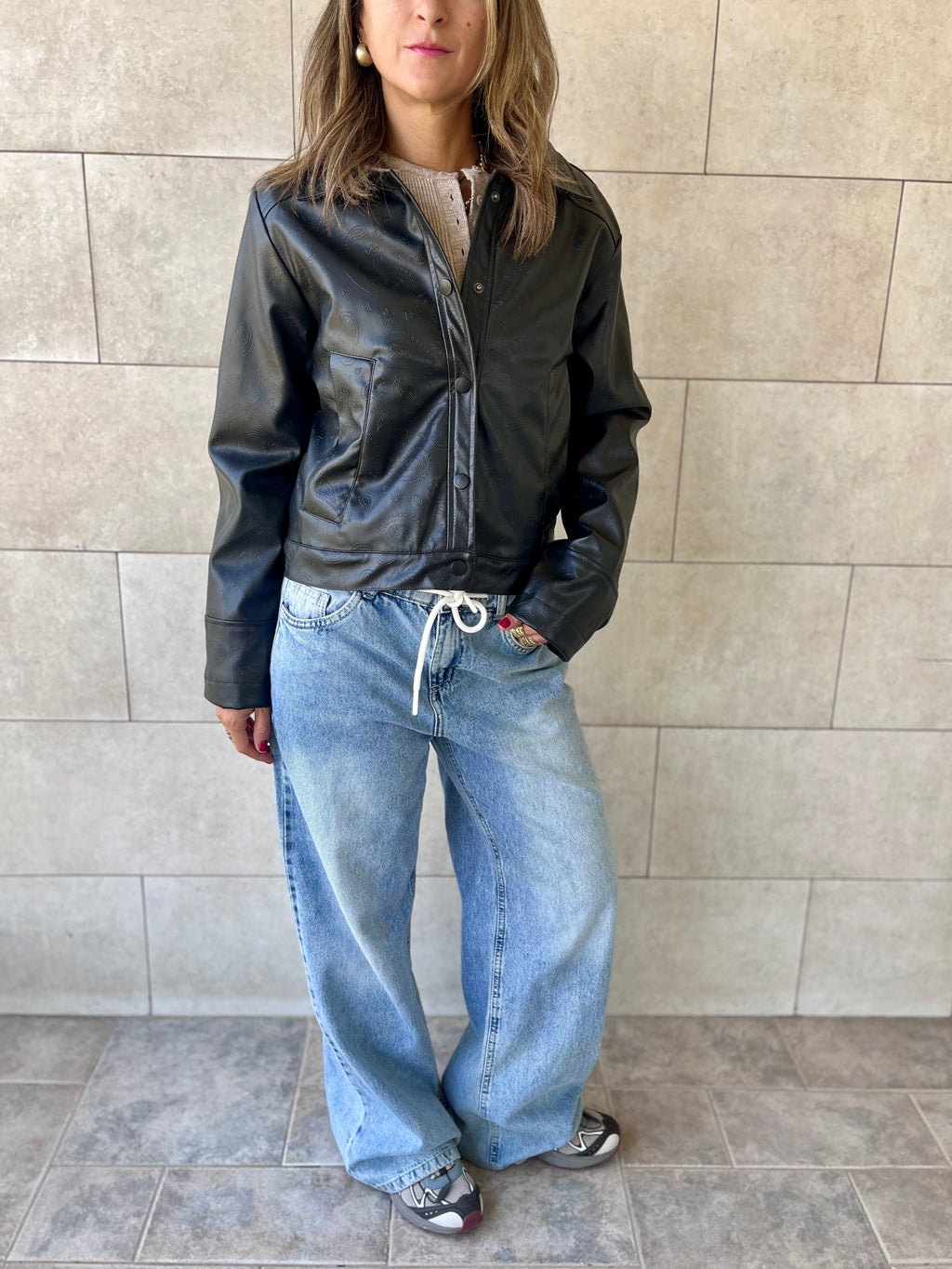 Black Paisley Printed Leather Jacket