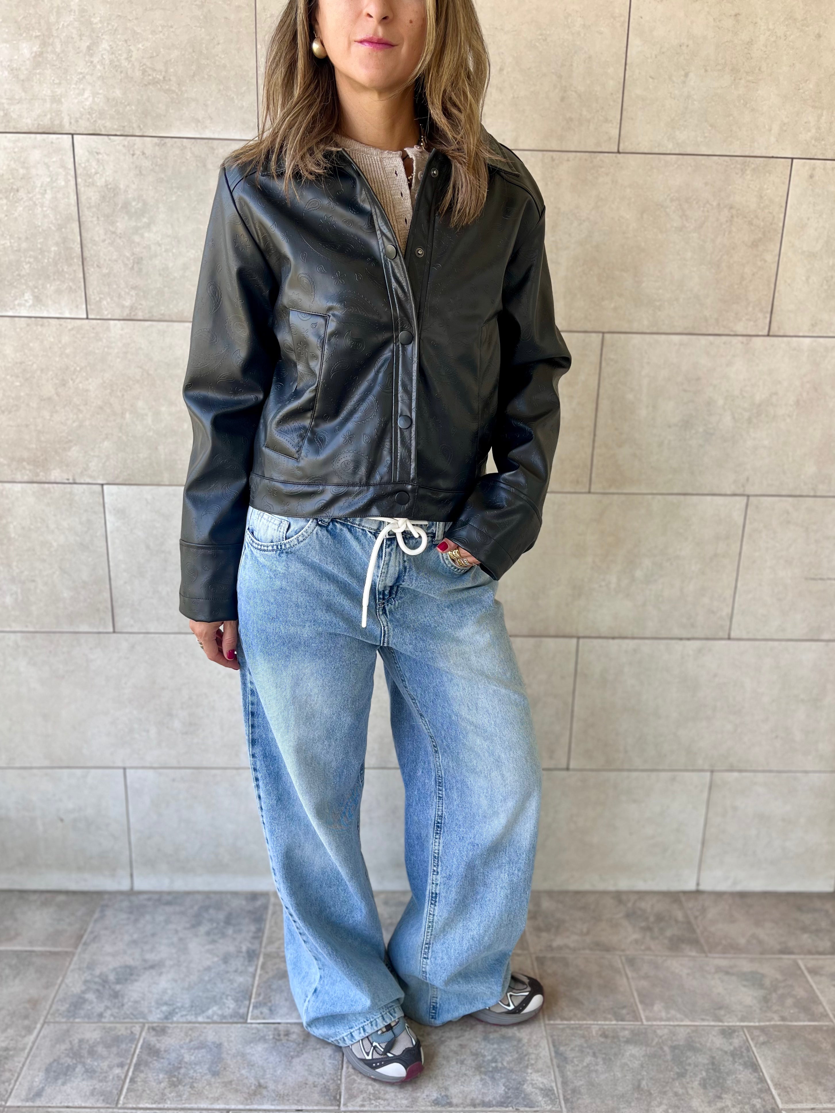 Black Paisley Printed Leather Jacket