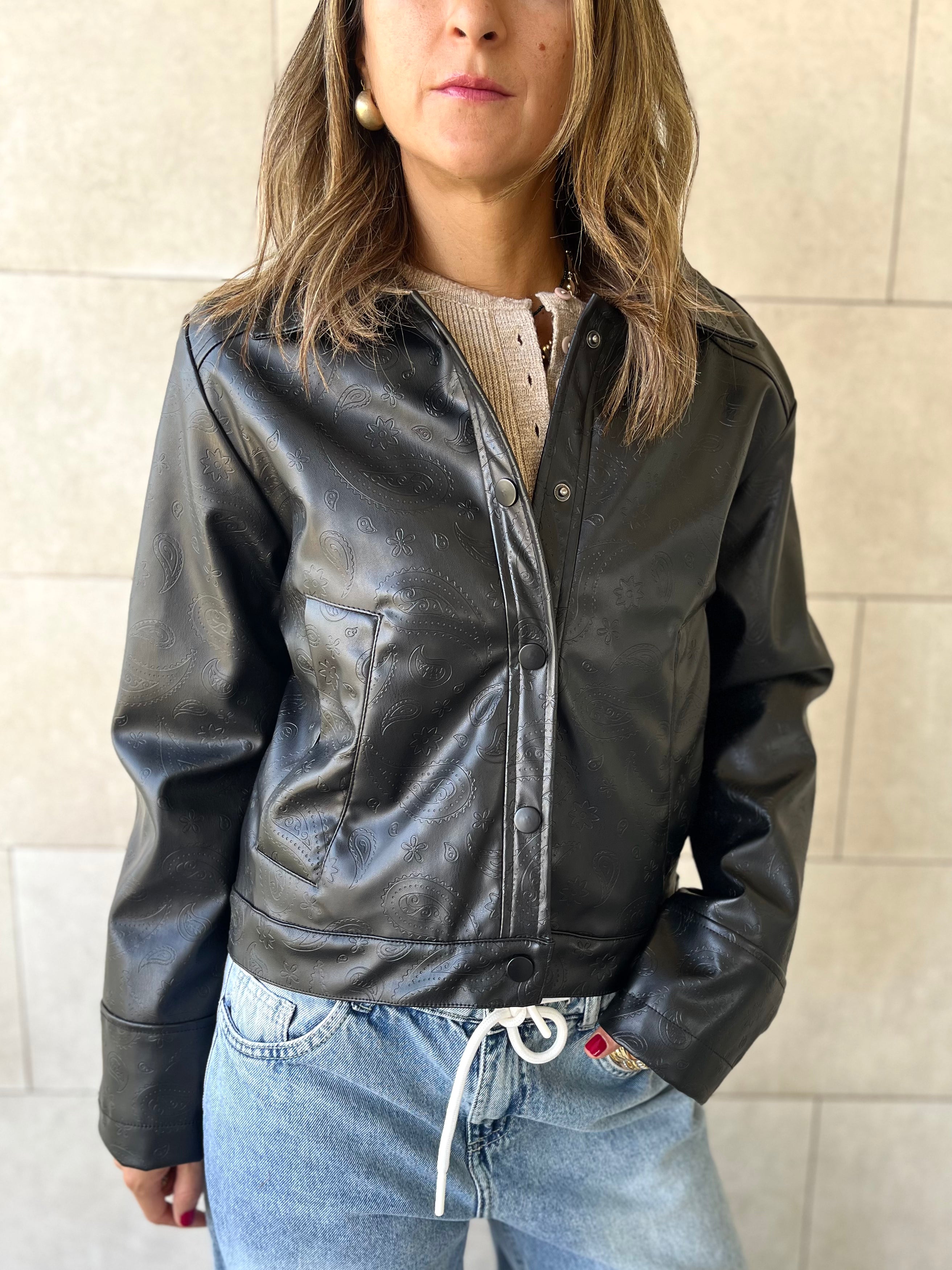 Black Paisley Printed Leather Jacket